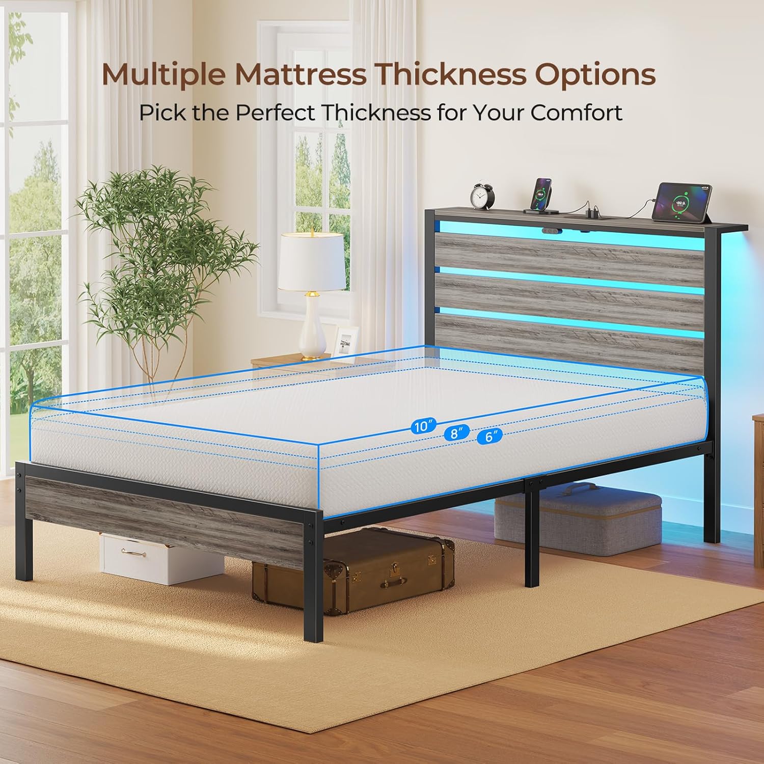 Rolanstar Twin Bed Frame with 6 Inch Gel Memory Foam Mattress, LED Metal Platform Bed with USB Charging & Storage Headboard, Light Grey, CertiPUR-US Certified Mattress