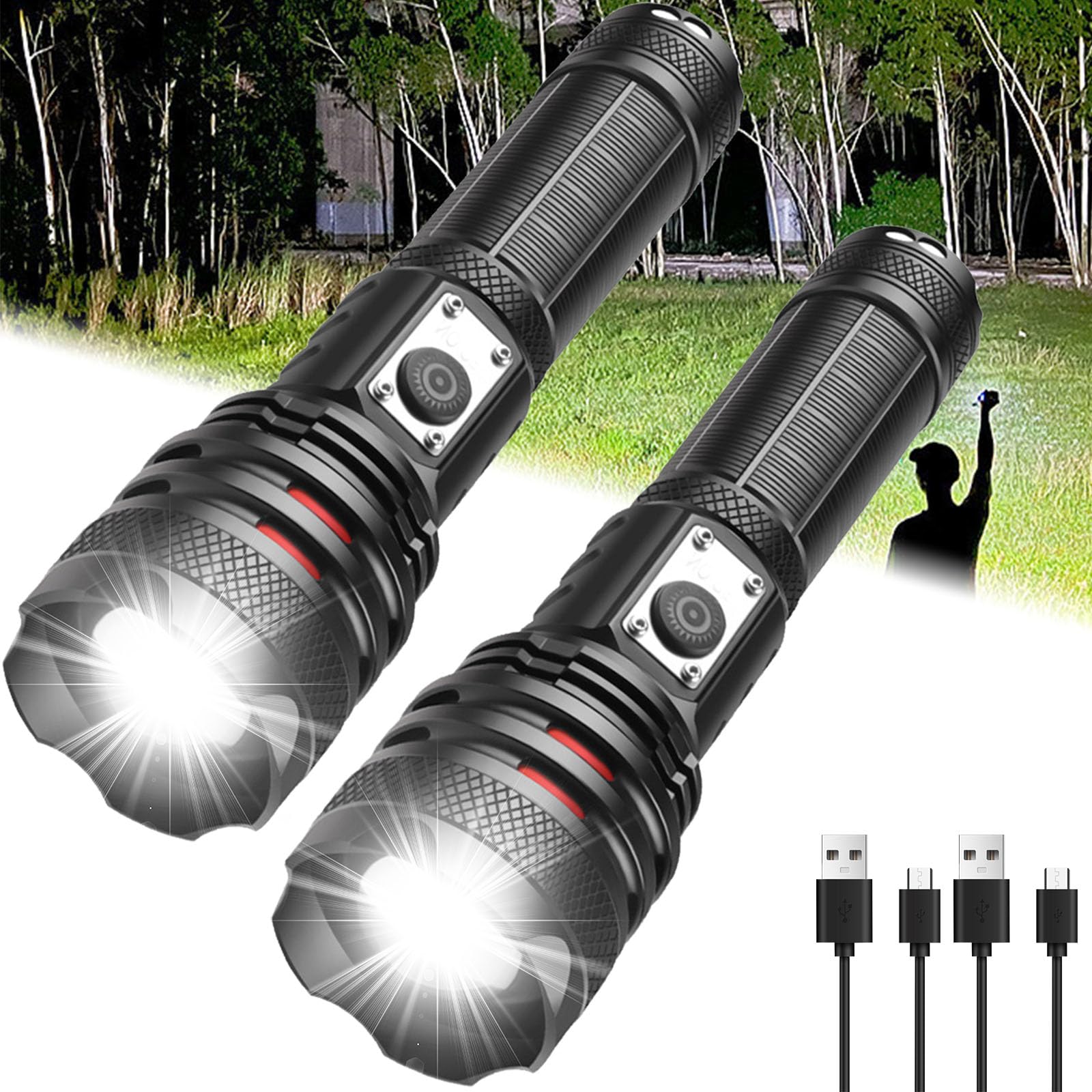 Rechargeable LED Super Bright Flashlights, XHP70 Tactical Flashlight with 5000mah Rechargeable Battery, Waterproof Zoomable Flashlights for Emergencies, Camping, Hiking(2 Pack)