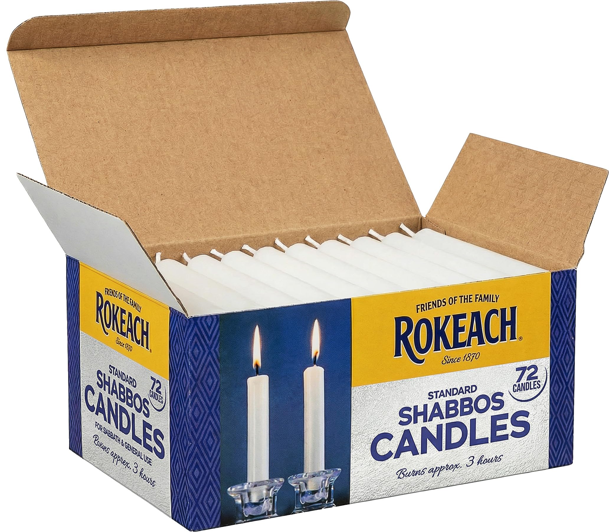 Rokeach Standard Shabbat Candles, 72 Count | White Paraffin Wax Sabbath Candles | 3-Hour Burn Time