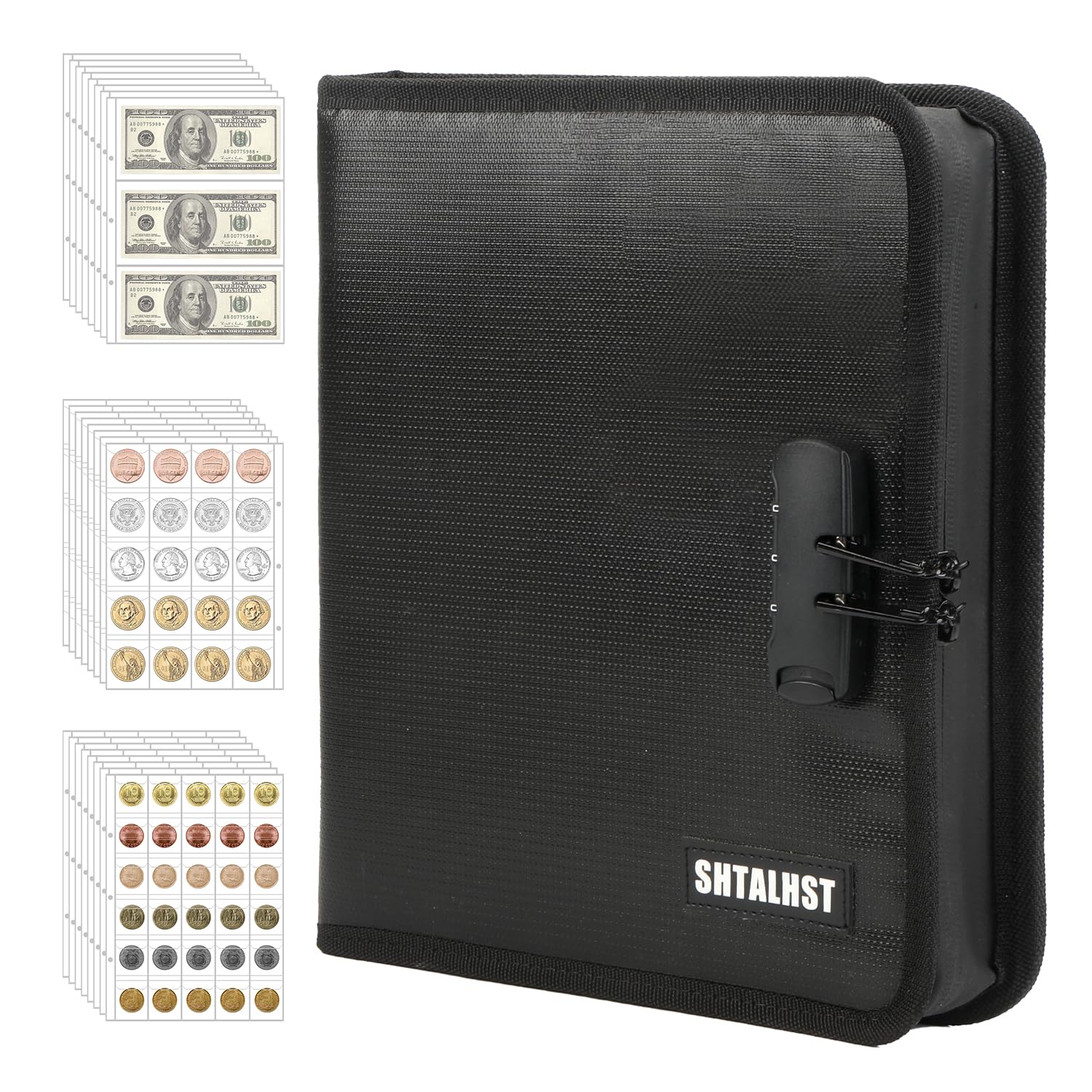 Coin Collection Book with Lock, 520 Pockets Fireproof Coin Collection Holder & 36 Sleeves Currency Storage Case, Coin Binder Organizer Album for Pennies Quarters Stamp Badges