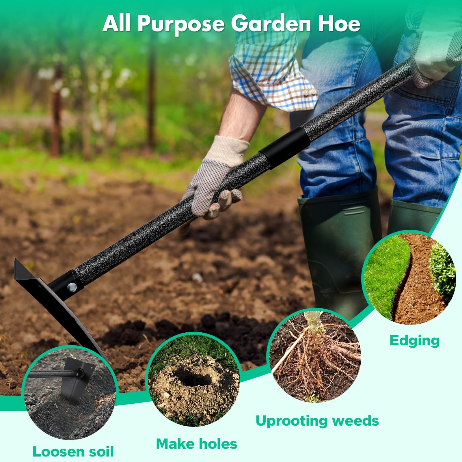 Gartenhacke mit Langem Stiel 190 cm, Wiedehopfhacke Spitzhacke Unkrauthacke für Schwere Gartenarbeiten Robuste Gartenwerkzeug zum Jäten, Graben, Lockern, Kantenziehen