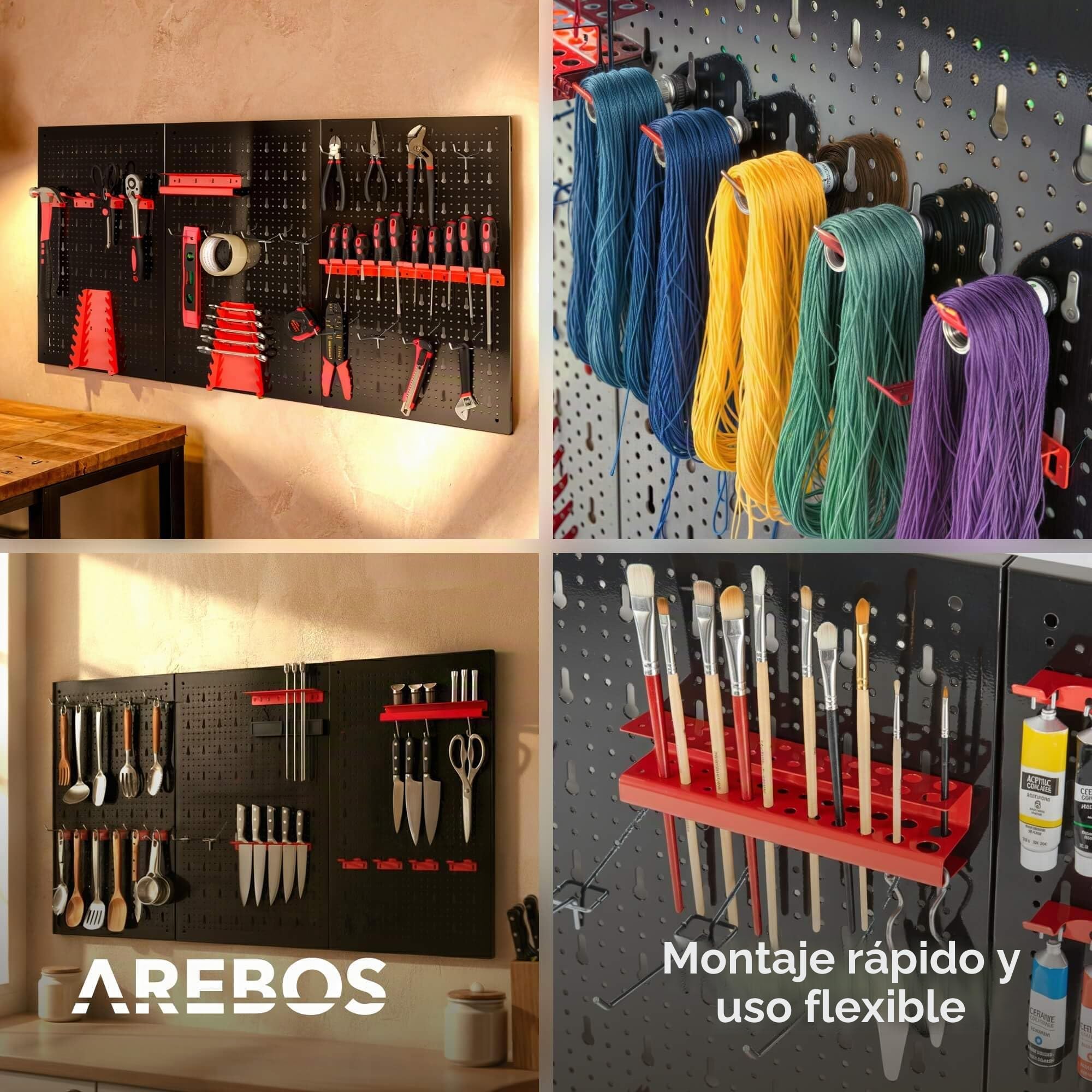 Arebos Panel Portaherramientas de 17 piezas | 117,6 x 59,5 x 2cm | Juego de ganchos y soportes | Pared de herramientas de metal perforado para equipamiento de taller incl. material de montaje | Rojo