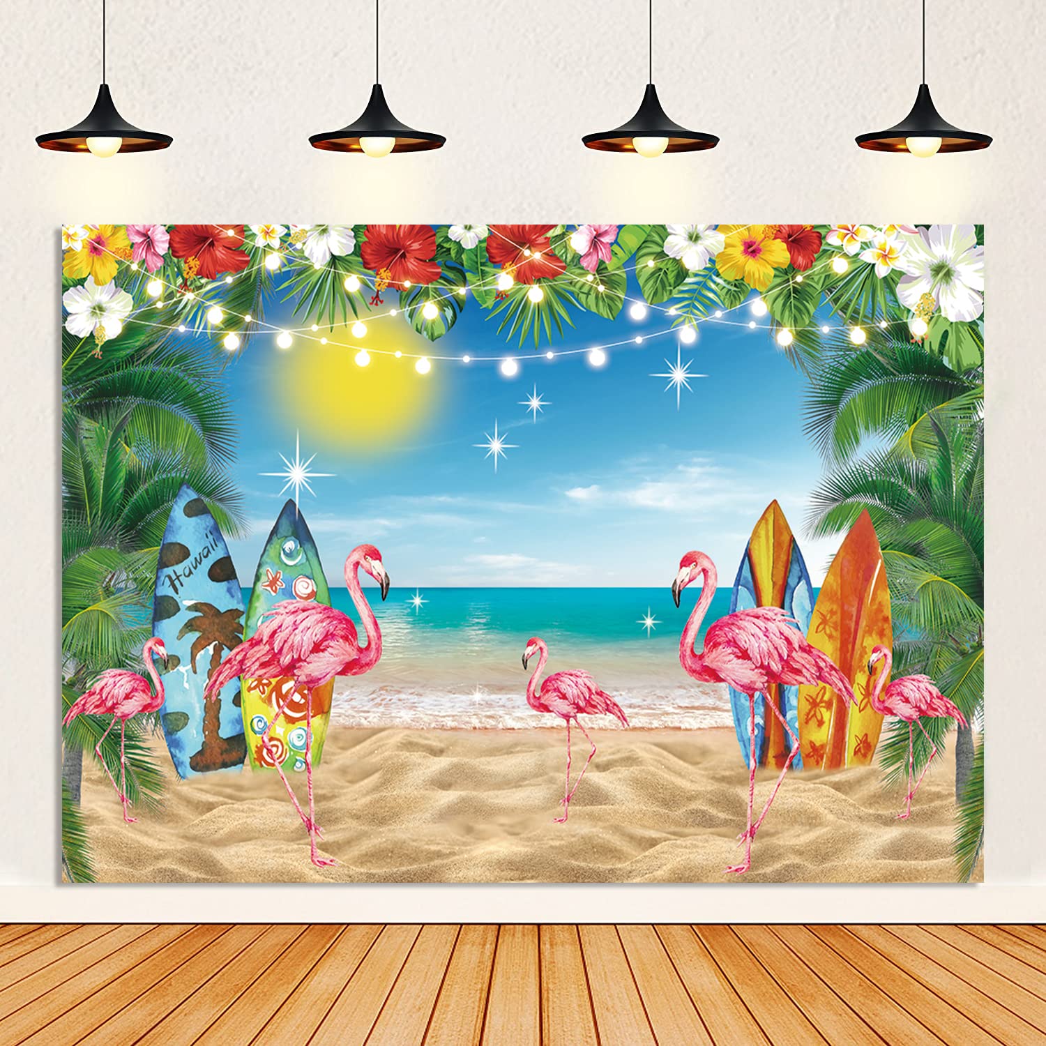 Hawaii Summer Beach Backdrop Tropical Summer Island Seaside Surf Background Sky Ocean Flamingo Palm Leaves Decoration Banner Aloha Luau Happy Party Photography Photo Props (8X6FT) - Image 4