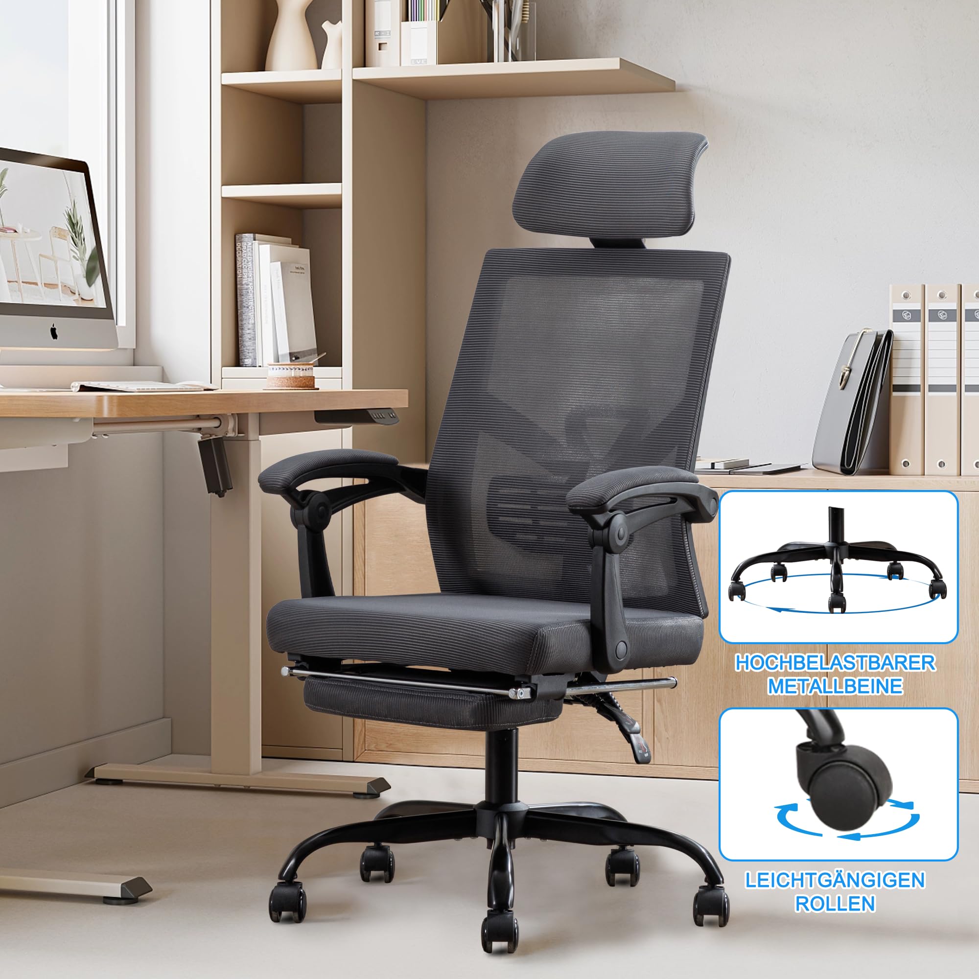 UEV Bureaustoel – Ergonomisch, Mesh, Met Voetensteun, In Hoogte Verstelbaar, Kantelfunctie 135°, Beige, Voor Thuis- En Kantoorgebruik
