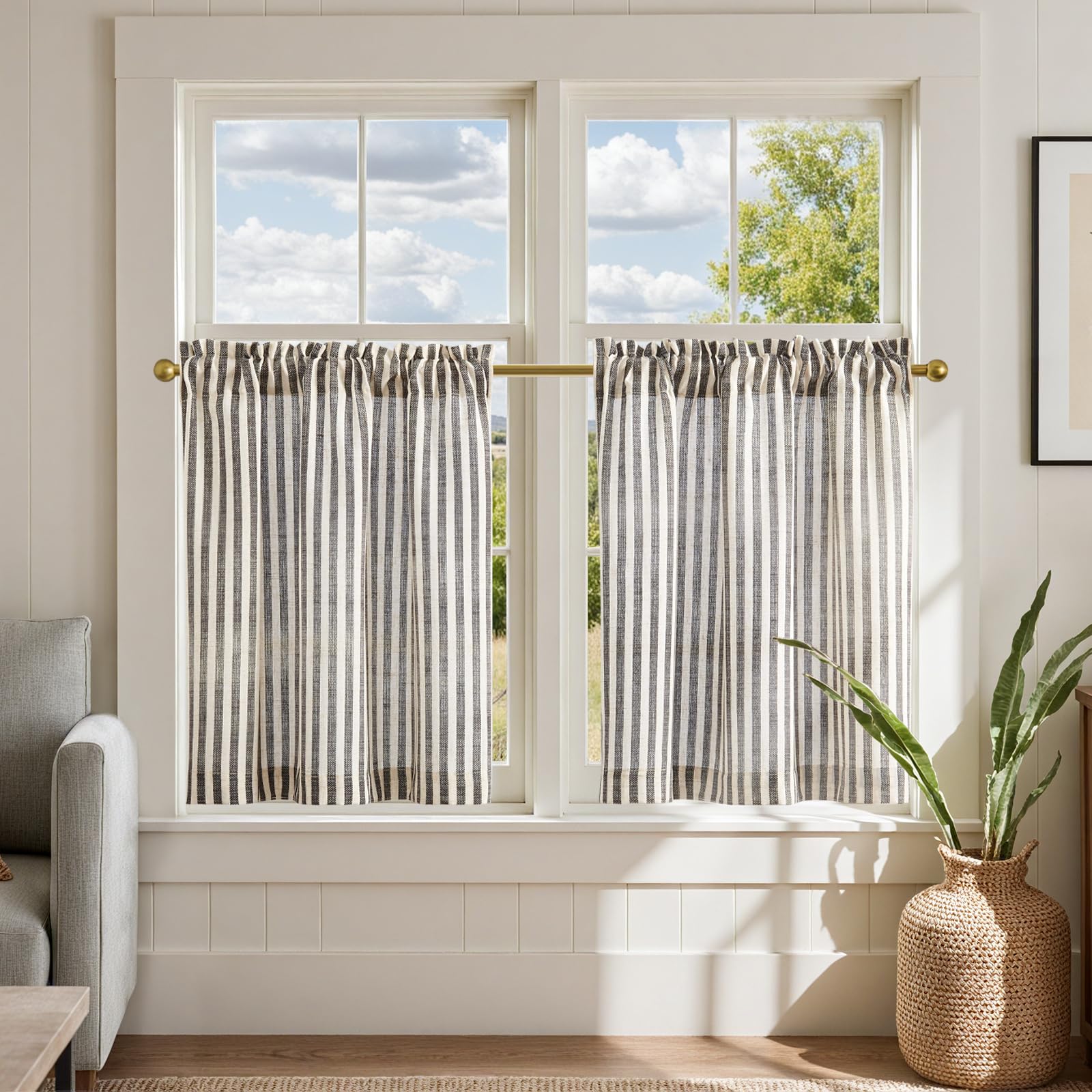 jinchan Striped Linen Kitchen Curtains 24 Inches Length Tier Curtains Farmhouse Modern Cafe Small Window Treatments Airy Light Filtering Rod Pocket