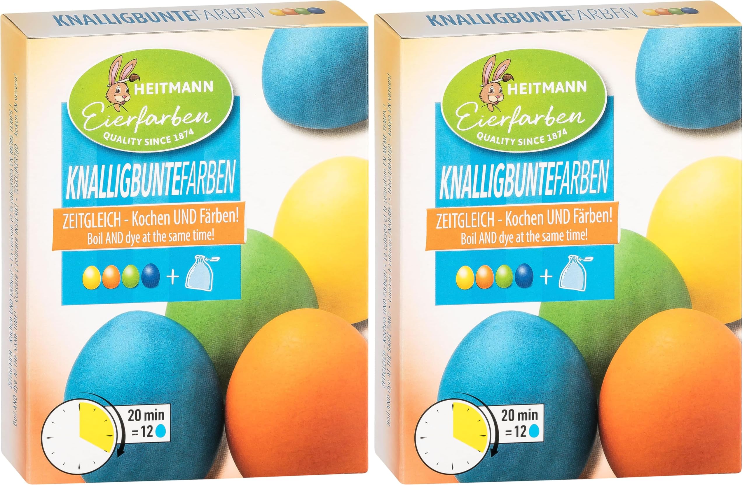 Heitmann Eierfarben Knalligbunte Farben - 4 fl. Eierfarben (gelb, orange, grün, blau), 2 Farbverstärker, 4 Färbebeutel, 4 Clipse (Packung mit 2)