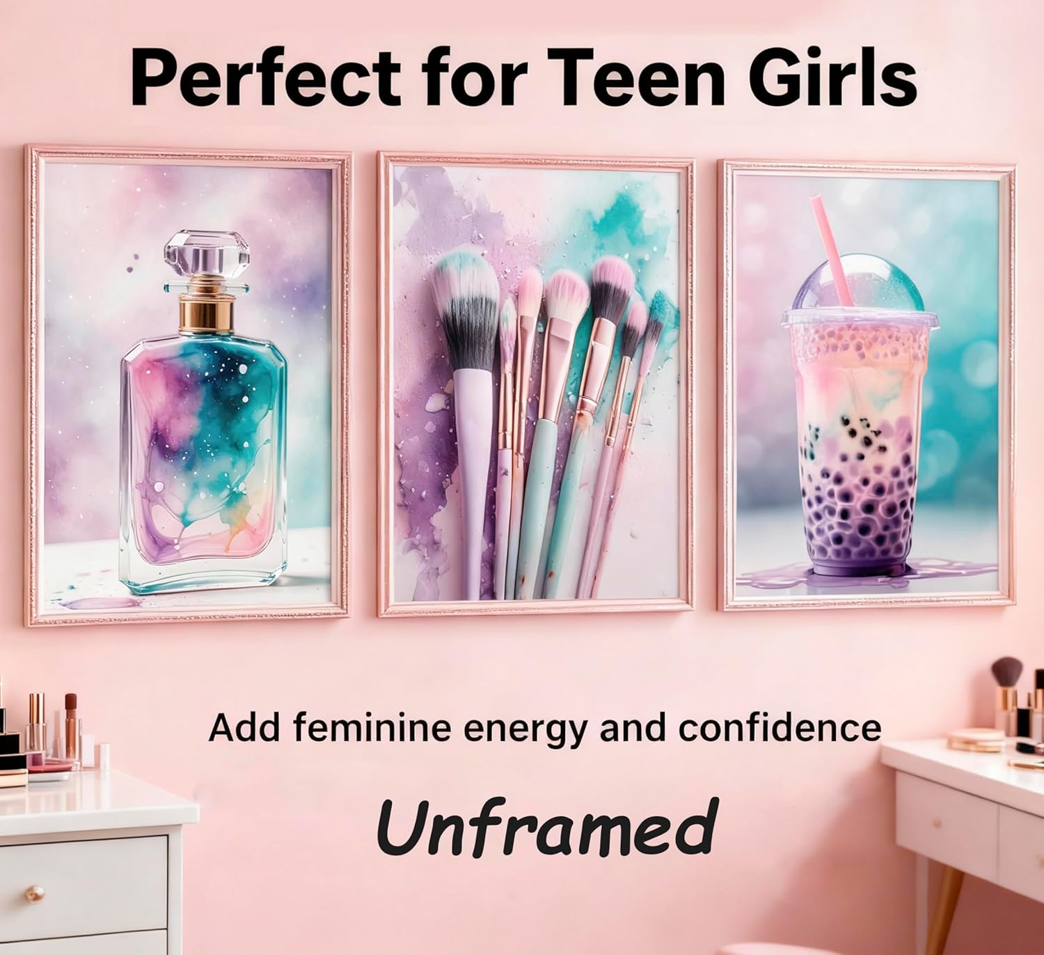 3Pcs Teen Girls Bedroom Wall Art Makeup Enthusiast Teenager Posters Painting Drinks Makeup Brushes Perfumes Prints Picture Pink Purple Teal splash Wall Decor Canvas for Teen Girls 16x24 inch Unframed
