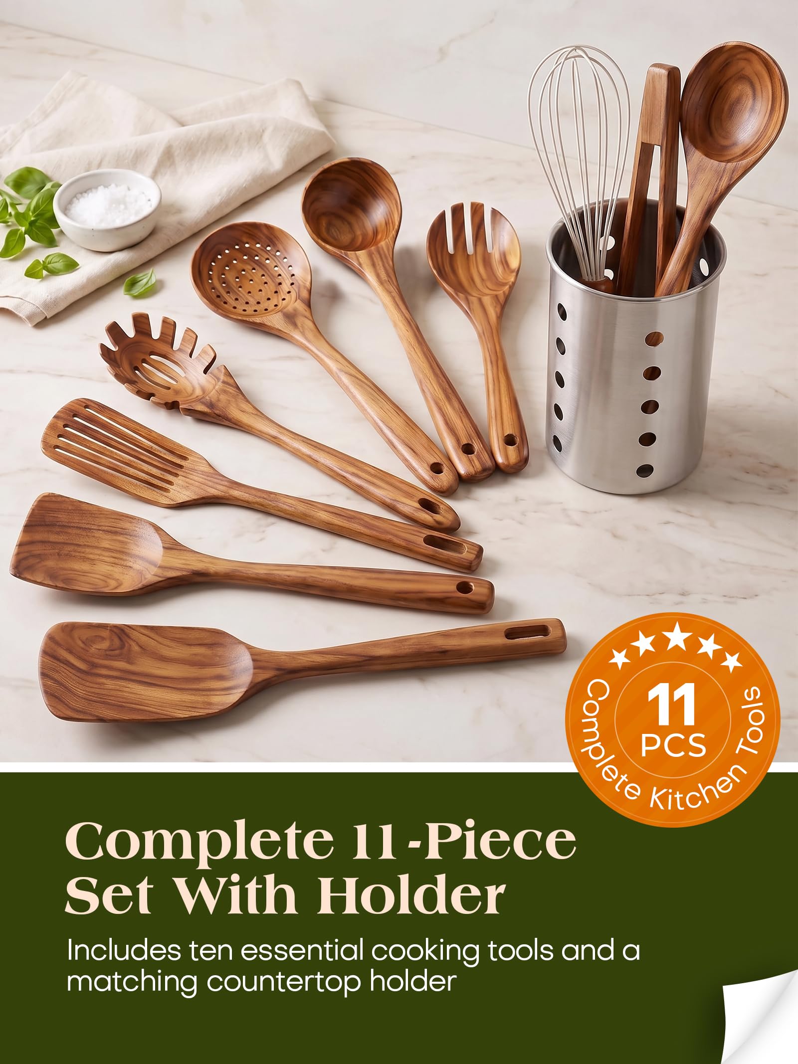Set di utensili da cucina con supporto, utensili da cucina in legno per cucinare, utensili da cucina in legno di teak naturale, set di utensili da cucina in legno con spatola e mestolo (11)
