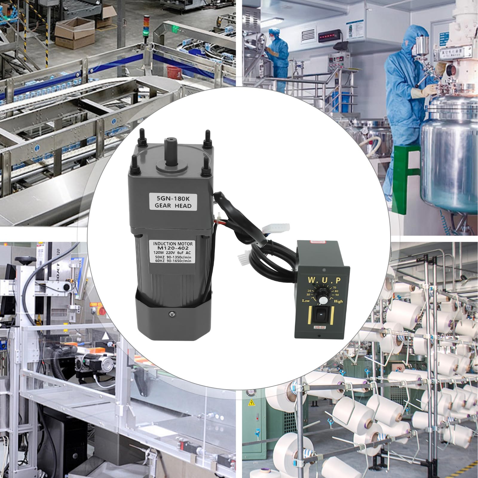 Motore a trasmissione da 120 W, con regolatore di velocità, motore pneumatico unidirezionale, motore elettrico per imballaggio, stampa, lavorazione alimentare, tessile e ingegneria meccanica