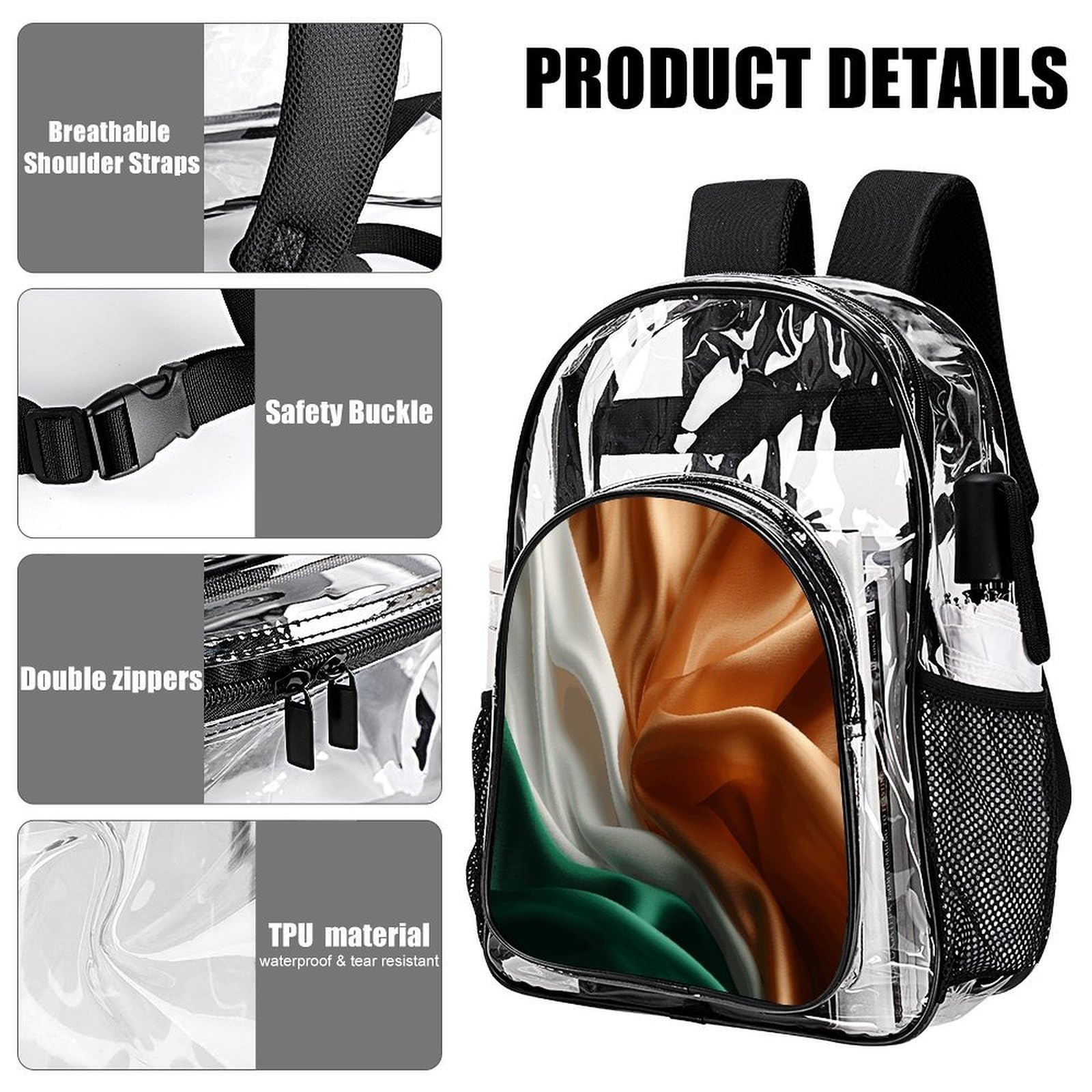 Transparenter Rucksack aus weichem Stoff, groß, transparent, PVC, Büchertasche für Sicherheit, Arbeit, Reisen, Stadion