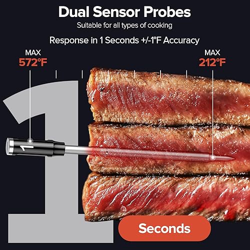 Miniatura 3 de Termómetro inalámbrico inteligente para carne con sondas duales, termómetro de cocina Bluetooth avanzado para asar a la parrilla, ahumar, asar al