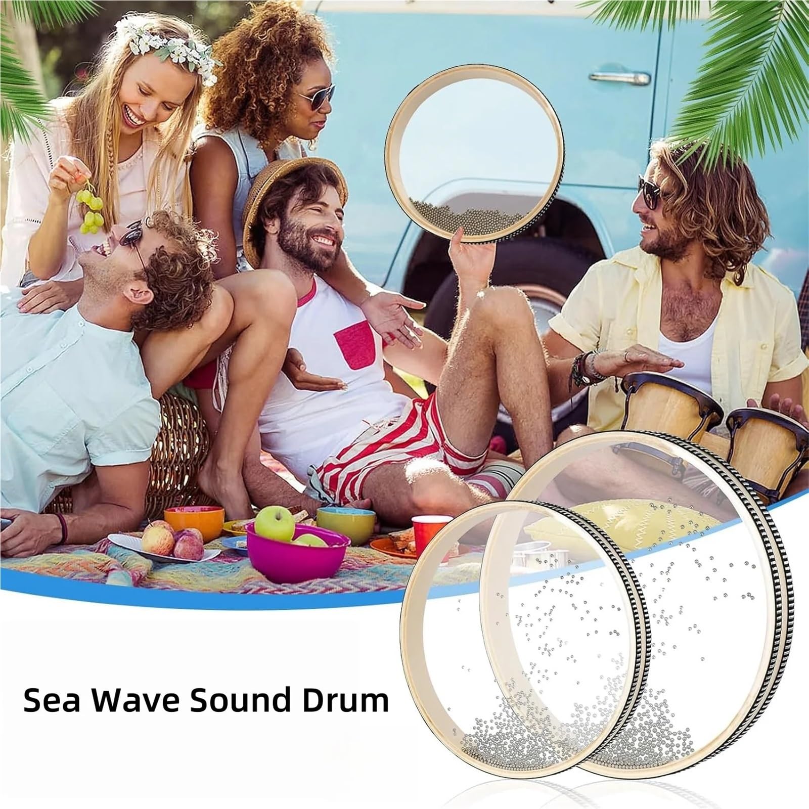Tambor OceáNico Tambor de mano con cuentas ola mar, tambor sonido concha madera dura, percusión instrumento Musical océano(10inches)
