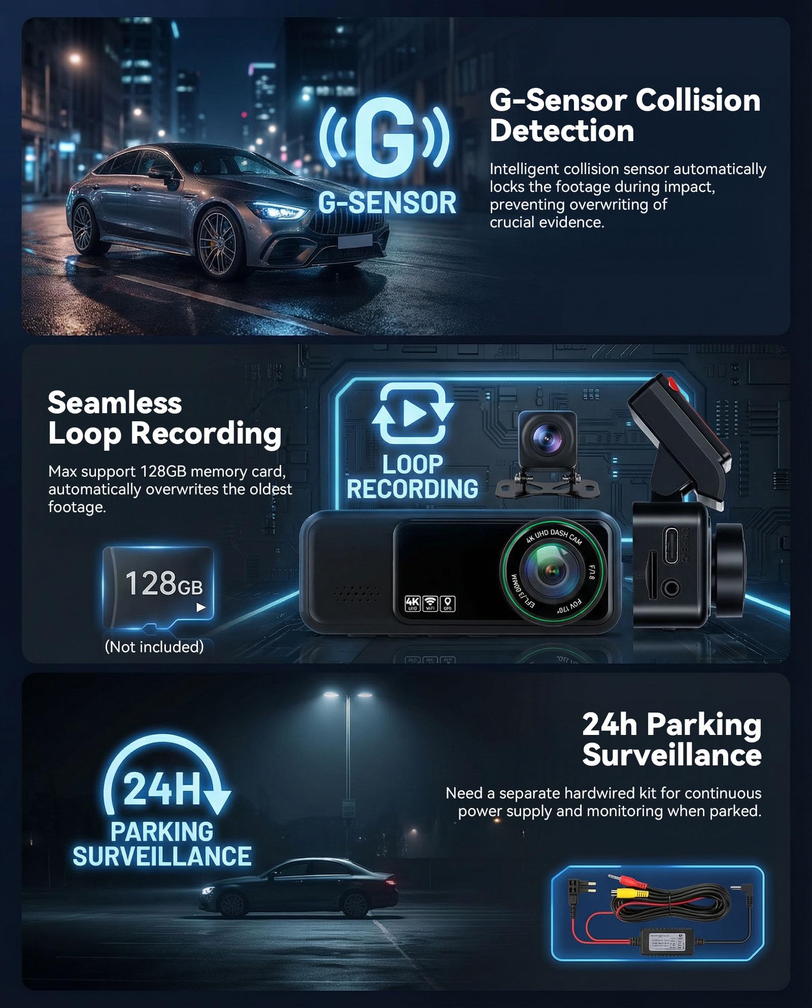 SIXWIN Dashcam 4K para Coche – Cámara Delantera 4K UHD y 2K Trasera Full HD, Pantalla 3.16″, WiFi y App, GPS, ADAS, Sensor de Golpes,Grabación Cíclica, Monitorización de Aparcamiento 24/7