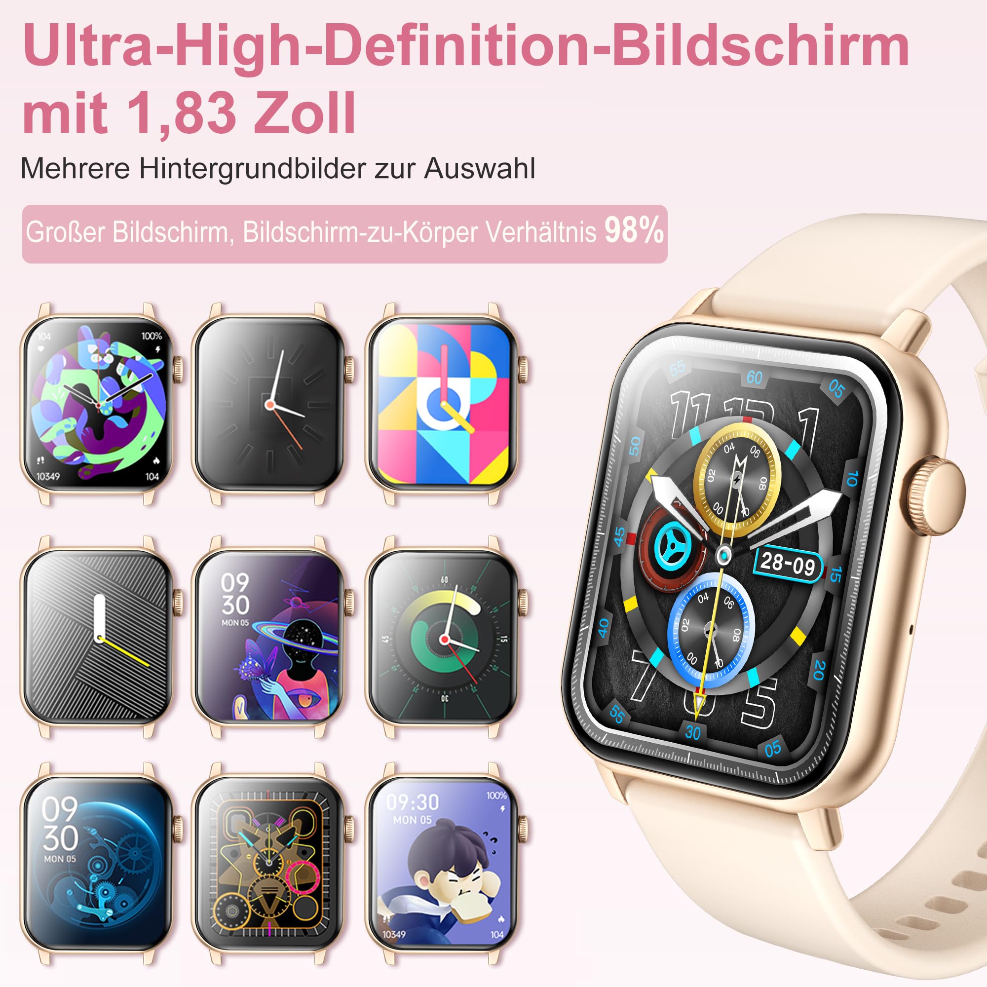 Smartwatch Damen Herren,Smartwatch mit Telefonfunktion,1.85"HD Fitnessuhr,Smart Watch for Women mit 110+ Sportmodi,IP68 Fitness Tracker Herzfrequenz/SpO2/Schrittzähler & Schlafmonitor für iOS Android