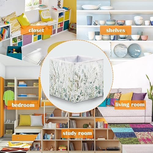 Miniatura 6 de Kigai Cubos de almacenamiento de hojas verdes  11 x 11 x 11 pulgadas, cubos plegables grandes, cesta organizadora de almacenamiento para oficina en