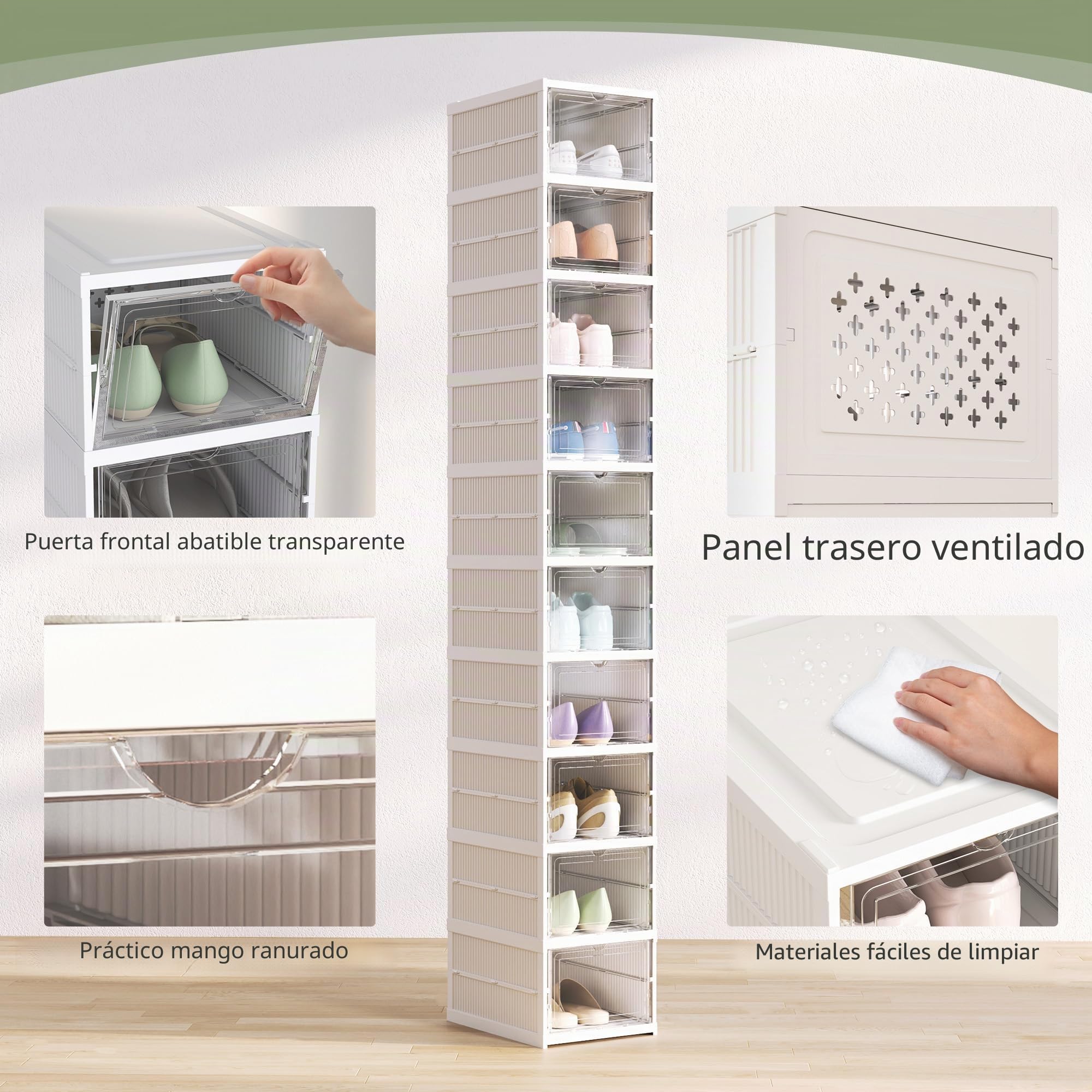 HOMCOM 10 Pack Organizador Zapatos Pleg. Plást. Talla 10 US Blanco | Sin montaje, caja apilable para zapatos, puerta transparente, ahorra espacio