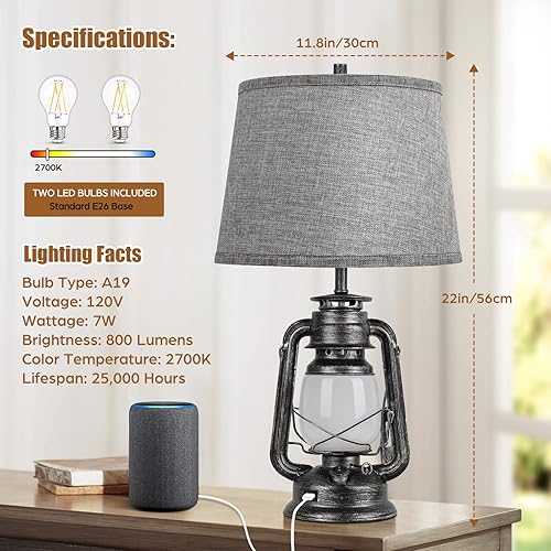 Miniatura 6 de Juego de 2 lámparas de mesa para dormitorios, lámparas de mesita de noche táctiles regulables de 3 vías con puerto USB, lámparas de granja para sala