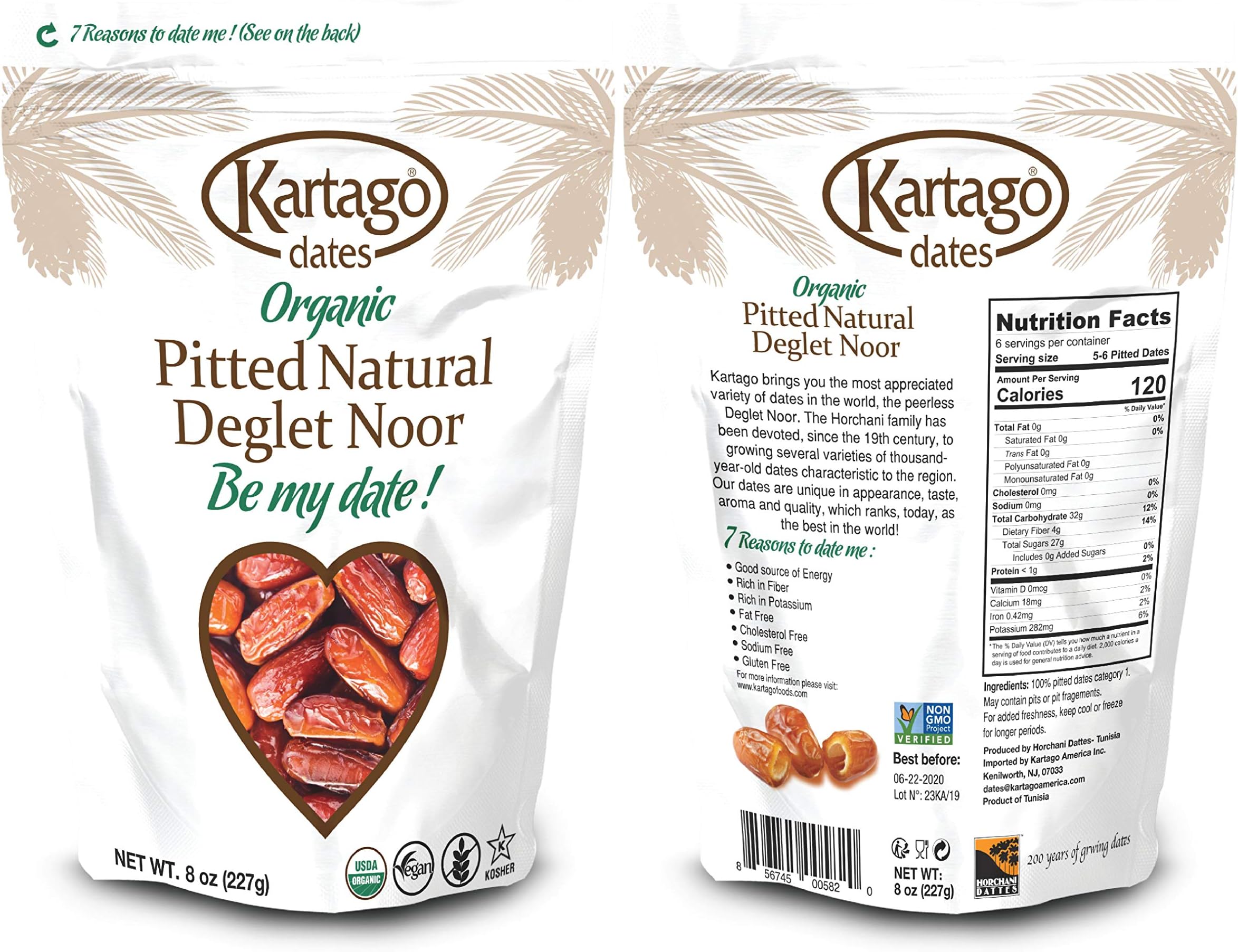 Organic Pitted Dates 8 Oz - All Natural, Fat Free Deglet Noor Pitted Tunisian Dates, from Kartago, Lunch Box + Snack Size (8 oz, Pack of 1)