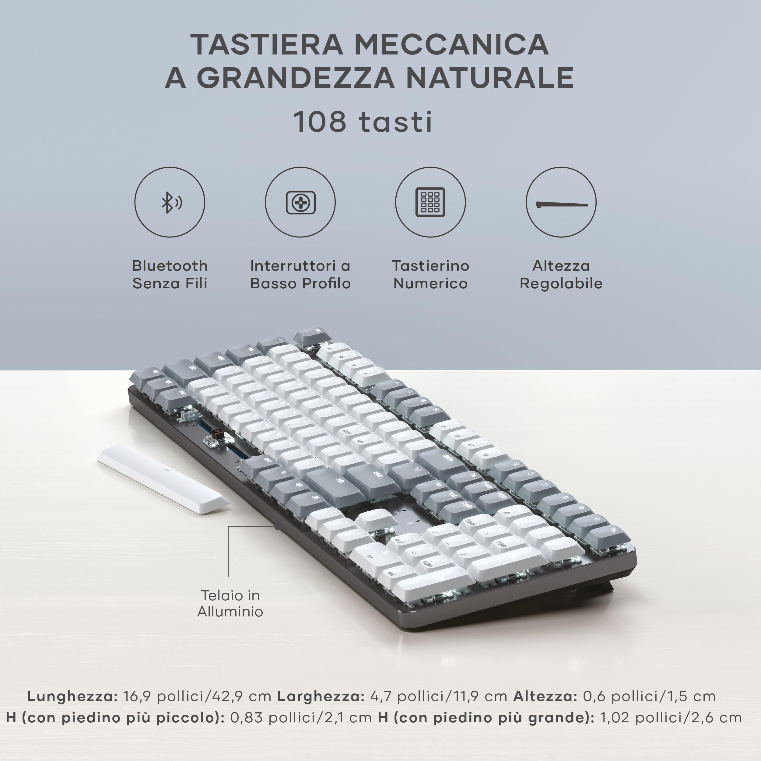 Satechi Tastiera Meccanica 75% SM3 𝗤𝗪𝗘𝗥𝗧𝗬 𝗨𝗦, Bluetooth, 108 Tasti, Retroilluminata e Ricaricabile, Ideale per Gaming, per Mac e Windows (Grigio Chiaro, Layout Americano)
