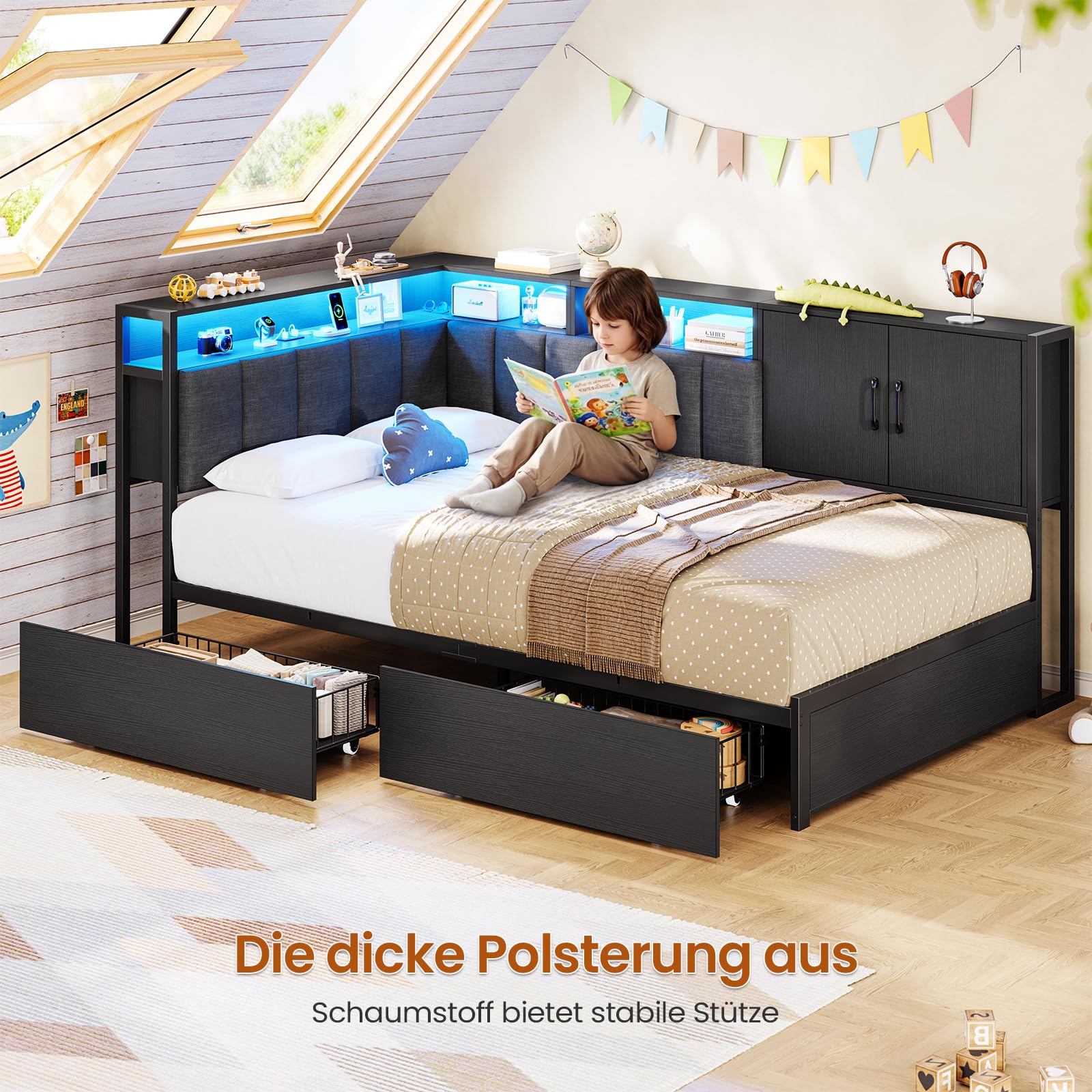 KIMENICH Polsterbett Schlafsofa 90x200 mit LED-Beleuchtung, Ladestation, Tagesbett, Jugendbett mit 2 Schubladen und Lattenrost aus Metall, Kopfteil mit Offenem Regal, Schrank, Schwarz