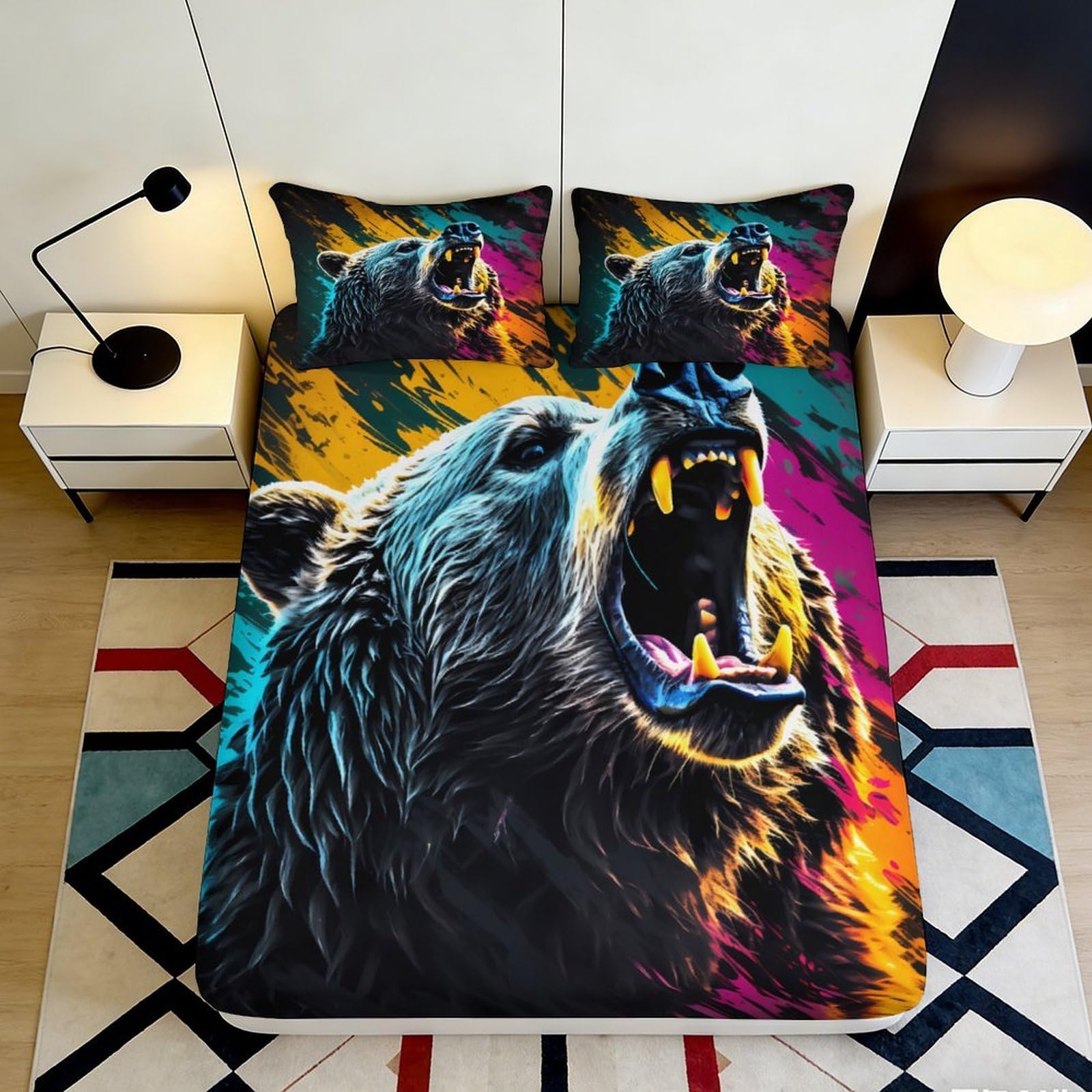 3D Printed Roaring Bear Fitted Sheet Microfiber Durable Soft Vibrant Animal Bed Cover for Bedroom Dormitory Guest Room Mattress Protection 200x200x25cm