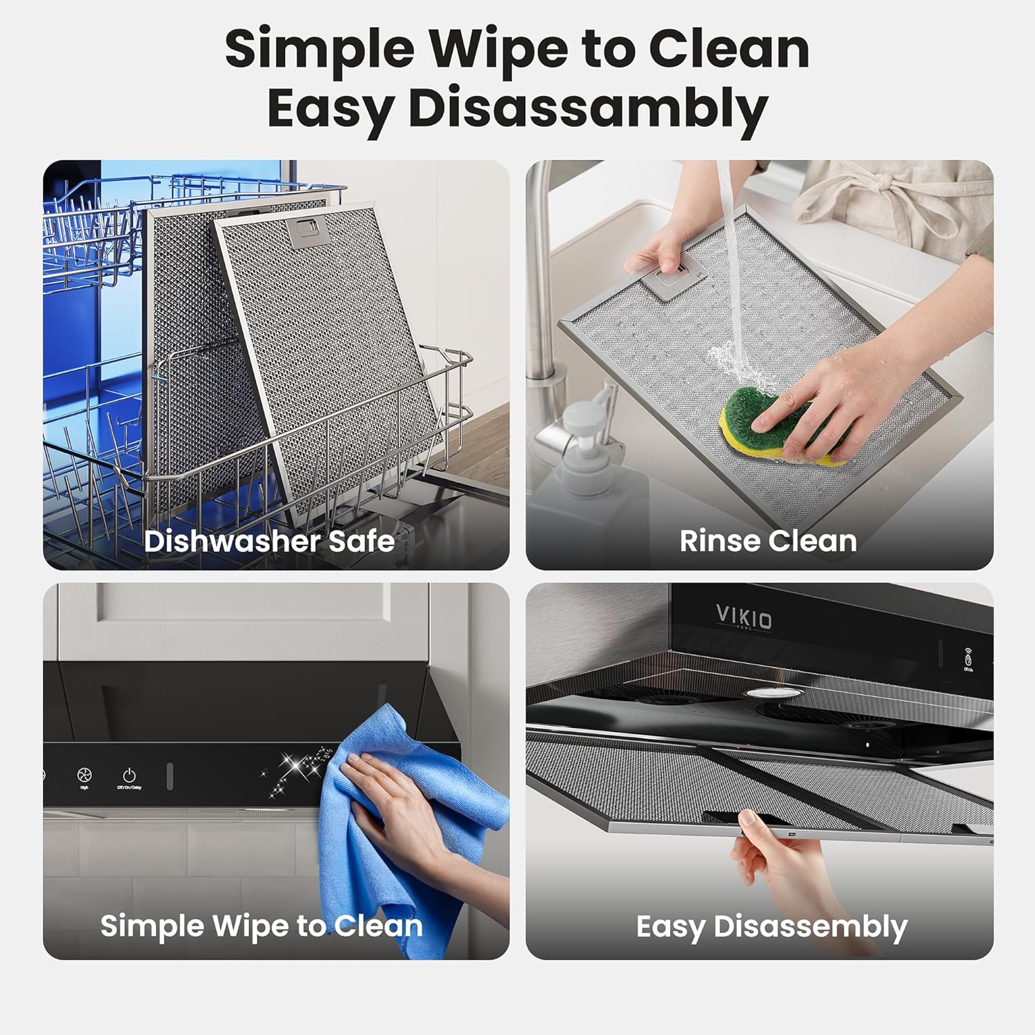 Four panels showing how to clean the range hood: filters in a dishwasher, rinsing filters by hand, wiping the exterior, and easily disassembling filters.
