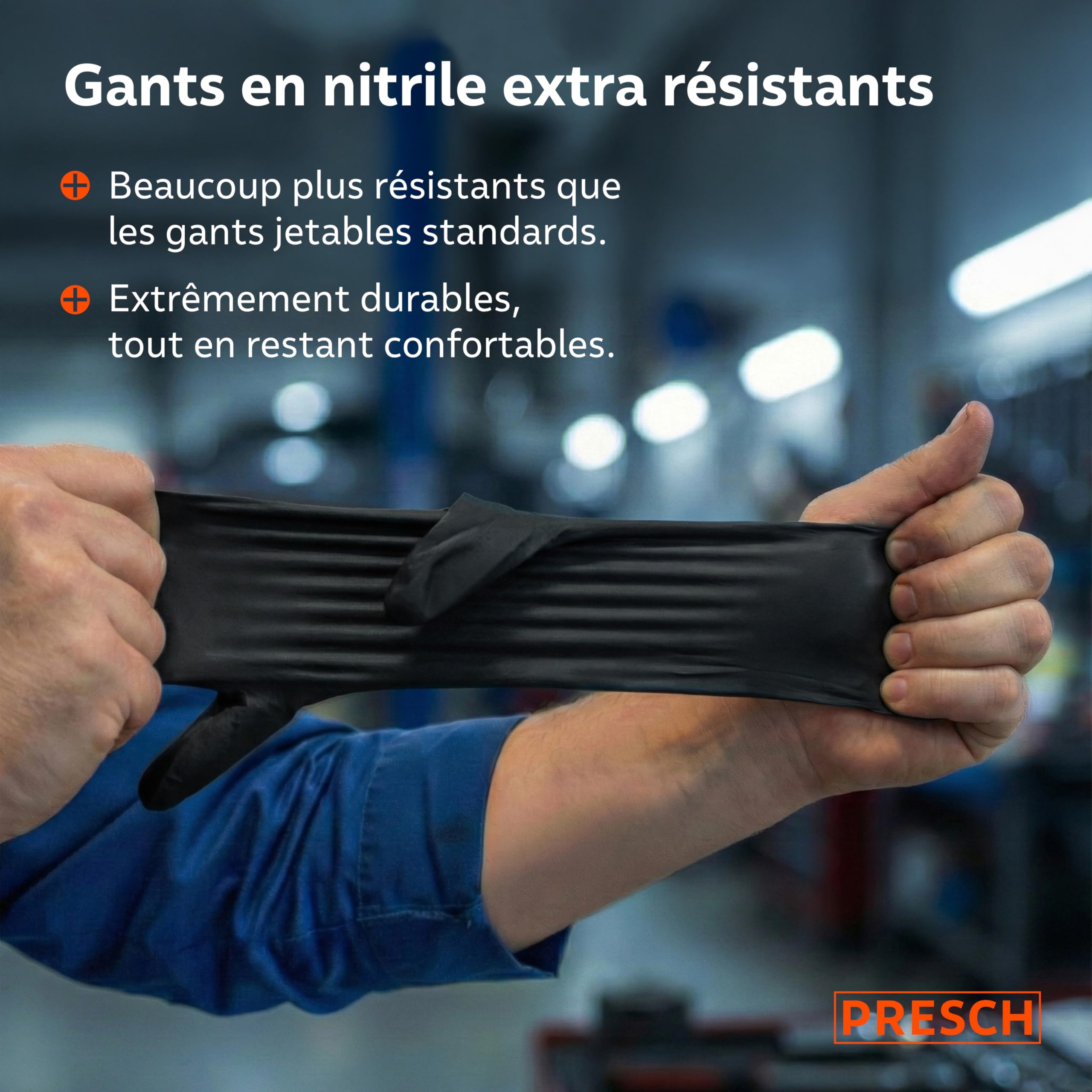 PRESCH Gants Jetables Noir 100 pc (L - 9) - Gants en nitrile avec bouts de doigts texturés - Sans latex et poudre - Résistant aux déchirures grâce à son bord roulé renforcé