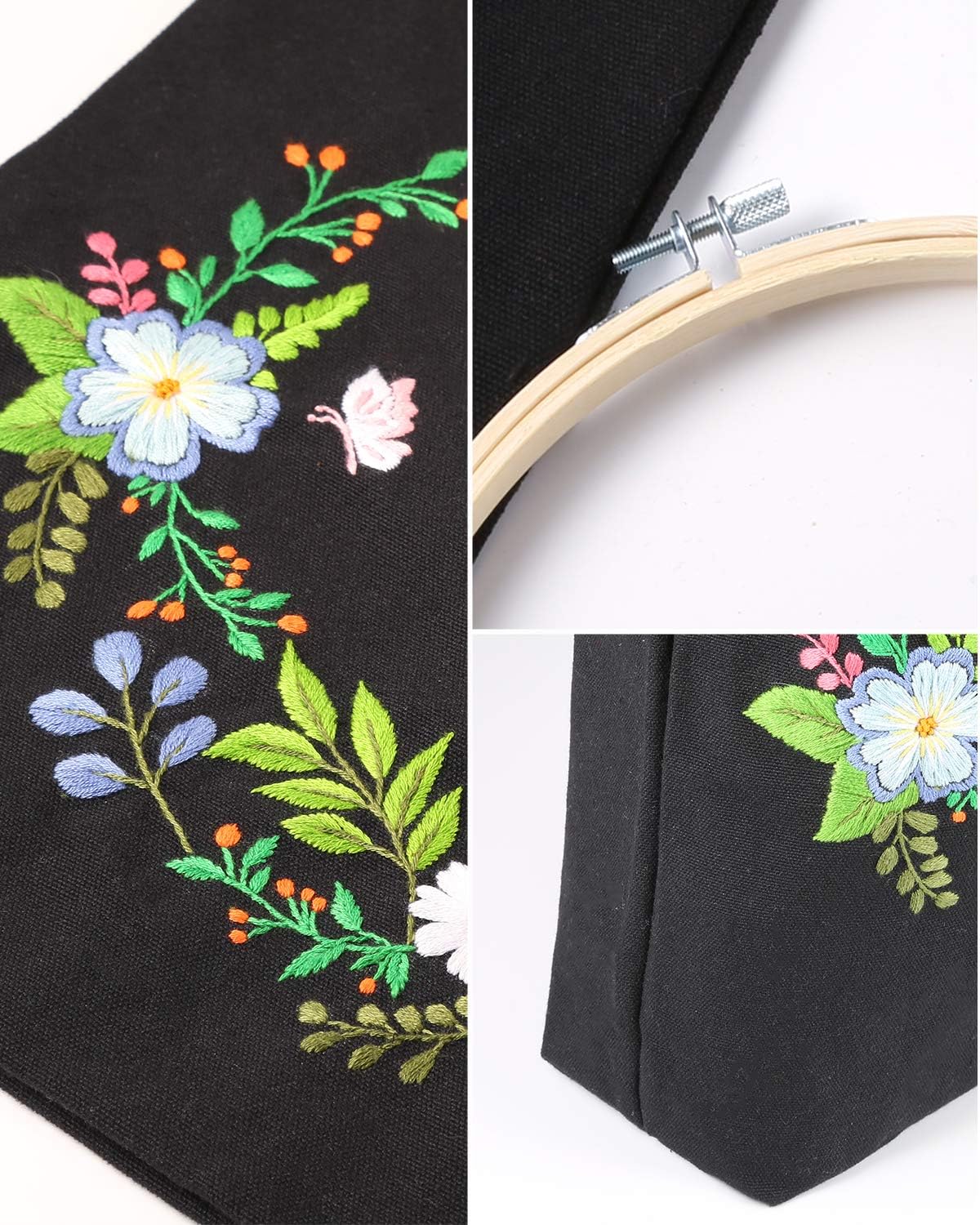 Pllieay Black Canvas Tote Bag Embroidery Kit with Pattern and Instruction Include Embroidery Bag with Flower Pattern, Bamboo Embroidery Hoops, Color Threads and Tool for Mother's Day Gift