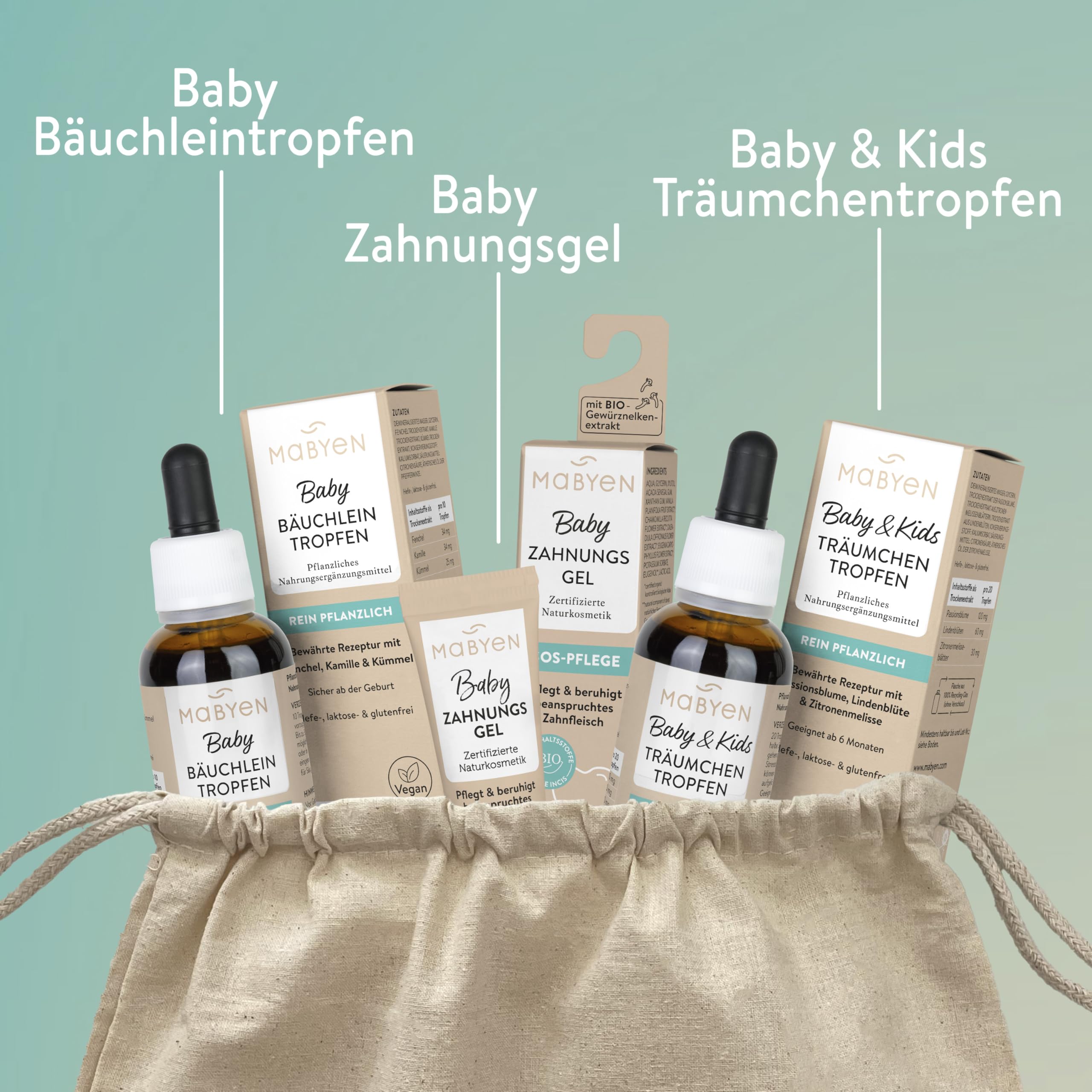 MABYEN Baby Wohlfühl Set - Naturkosmetik, zuckerfrei, ohne Alkohol, vegan, Geschenkset - 3 Produkte + Stoffbeutel - Zahnungsgel, Bäuchleintropfen und Träumchentropfen