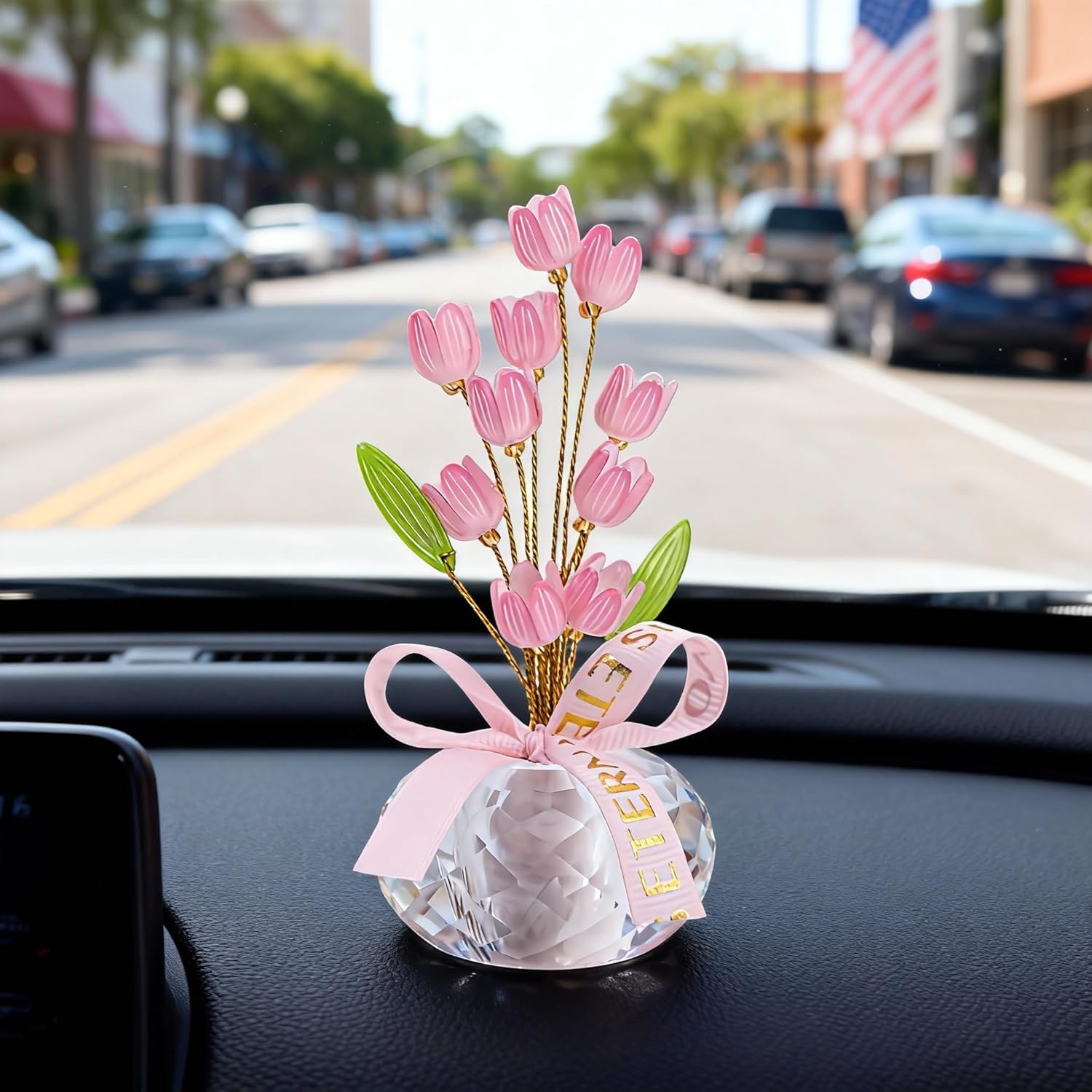 Crystal Flower Figurine - Handmade Mini Flower Decor with Crystal Base, Plastic Artificial Petals and Adjustable Wire, Cute Floral Ornament for Home/Office/Car, Ideal Gift for Women(Pink Tulips) - Image 6