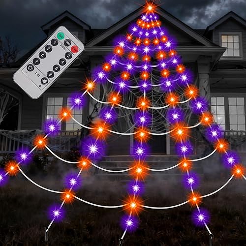 Joliyoou Decoraciones de Halloween para exteriores, 200 luces LED gigantes de telaraña, 19.7 pies x 16.4 pies con luces naranjas y moradas, 8 modos