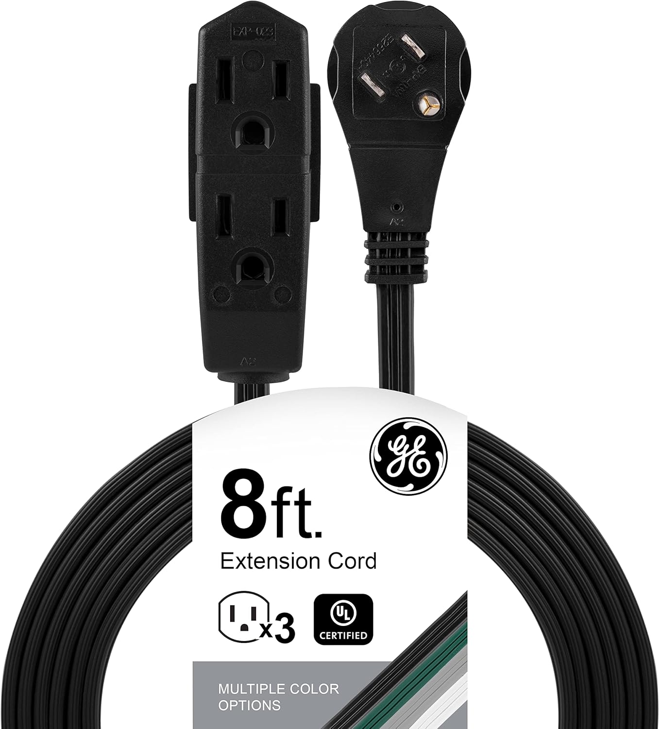 GE 3-Outlet Flat Extension Cord 8 Ft Grounded with Multiple Outlets 3 Prong, Extender Flat Plug Power Strip Indoor Extension Cord 16 Gauge UL Listed Black 56991