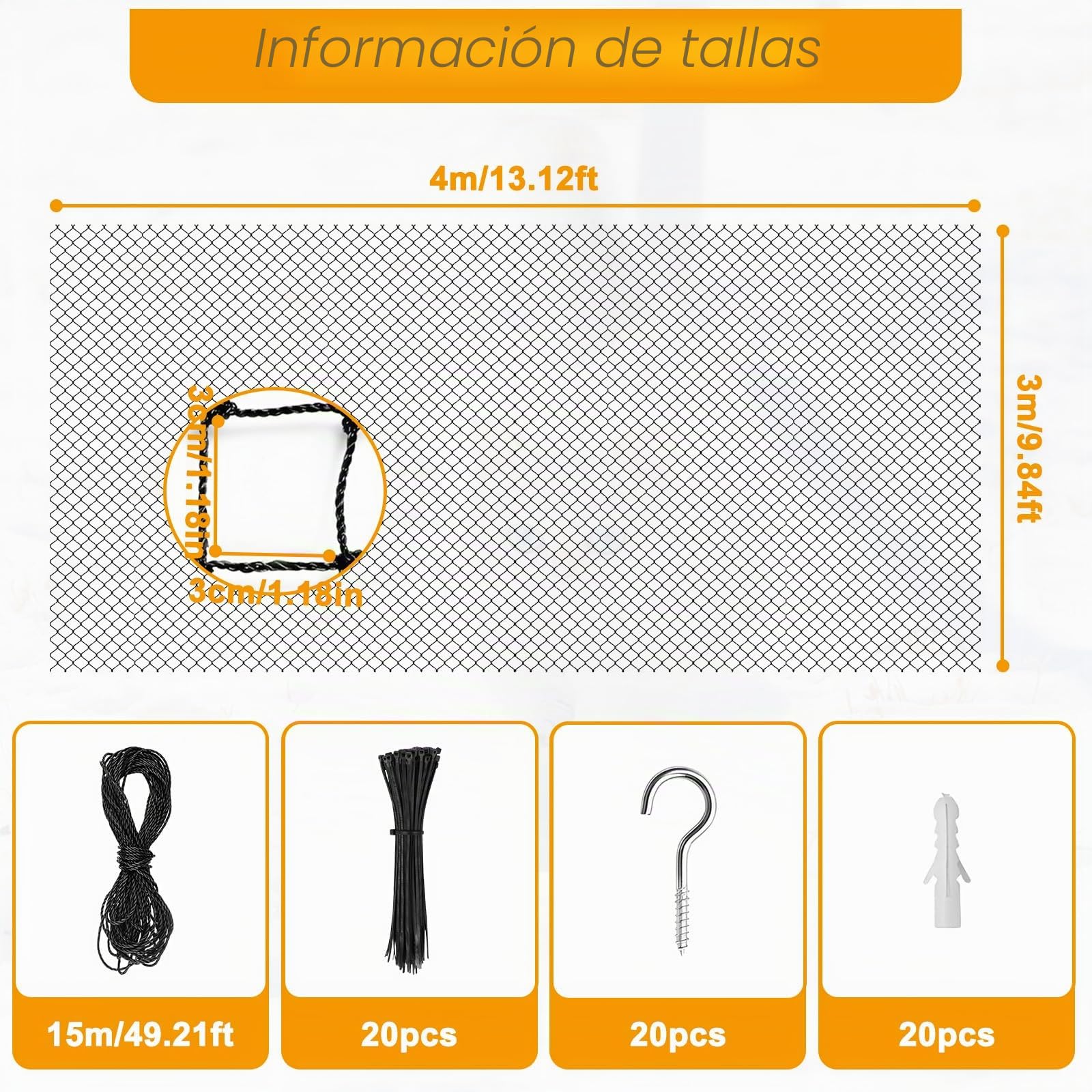 4 x 3m Red Gatos Terraza con Cuerda Fijación, Malla Seguridad Alambre Reforzada Balcón, Malla Gato Protección Sin Taladro, Red Anticaída Mascotas para Ventanas, Terrazas, Pasillos, Claraboyas (Negro)