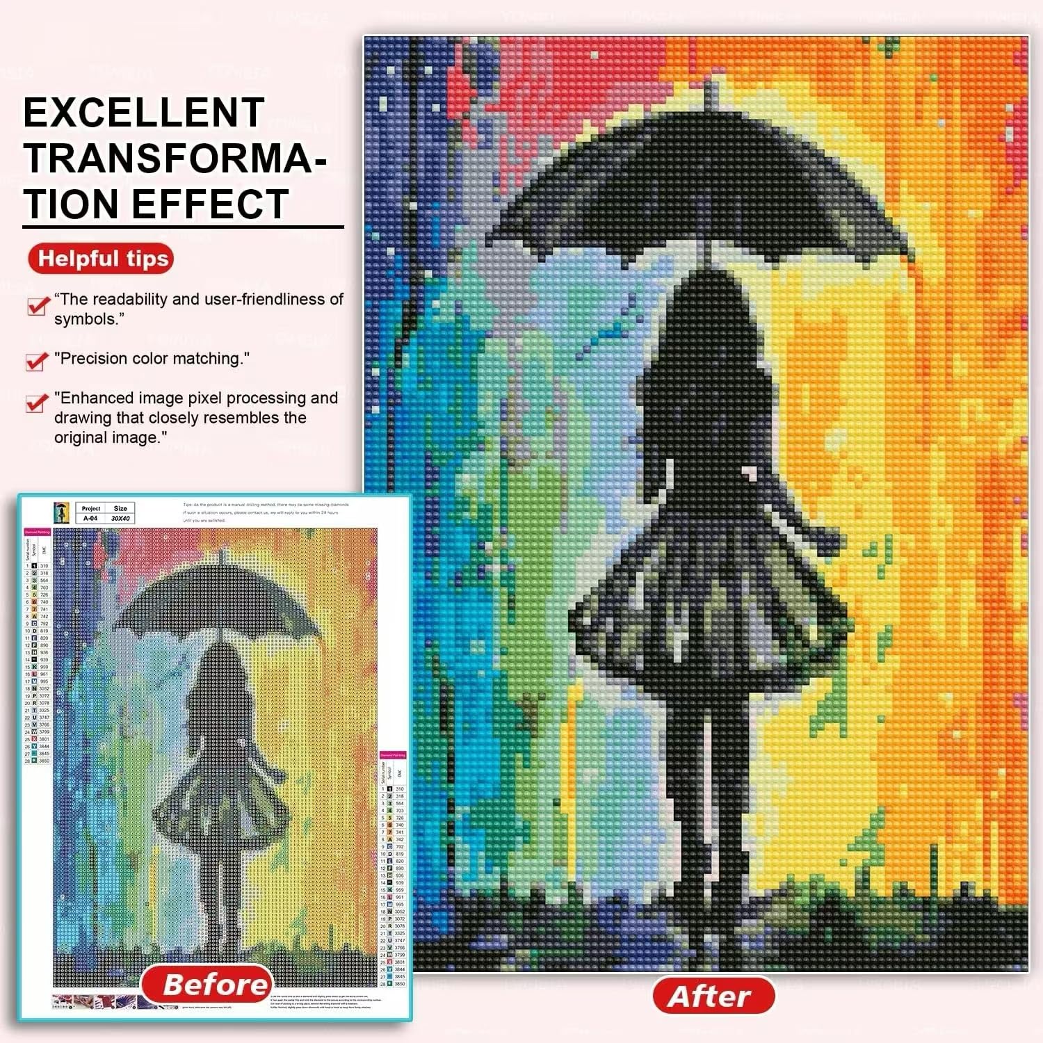 ZYJBD 5D Diamond Painting Kit, Colourful Girls with Umbrella, Rainbow Motif, 30% More Square Stones, Waterproof Canvas - Image 2