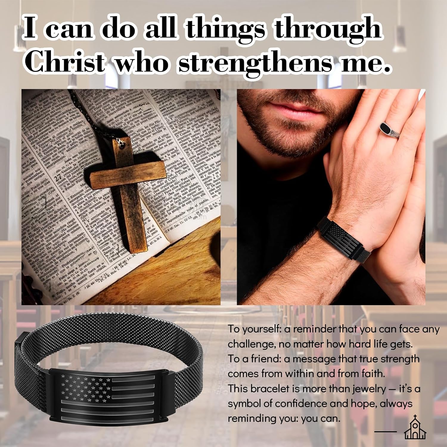American Flag Cross Bracelets Bible Verse Stainless Steel Adjustable Bracelet Religious Christian Jewelry Gifts for Men Birthday Easter Baptism Valentine Gifts Grandson Son - Image 4