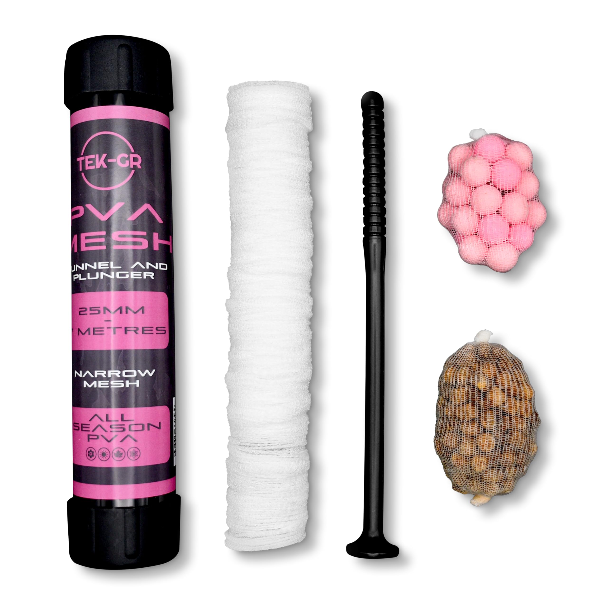 Tek-Gr 7Metres Pva Mesh Kit 25mm, 36mm, 44mm Pva Mesh Carp Fishing Accessories with Funnel & Plunger System