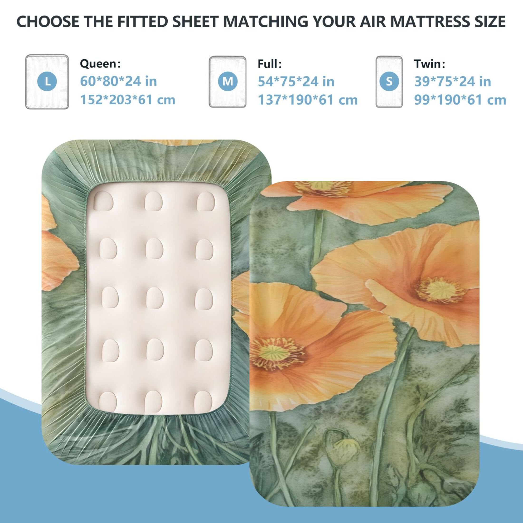 Sábana bajera ajustable de tamaño individual con diseño de amapolas naranjas para colchón de aire, bolsillo extra profundo de 24 pulgadas, funda suave y transpirable con apertura de válvula