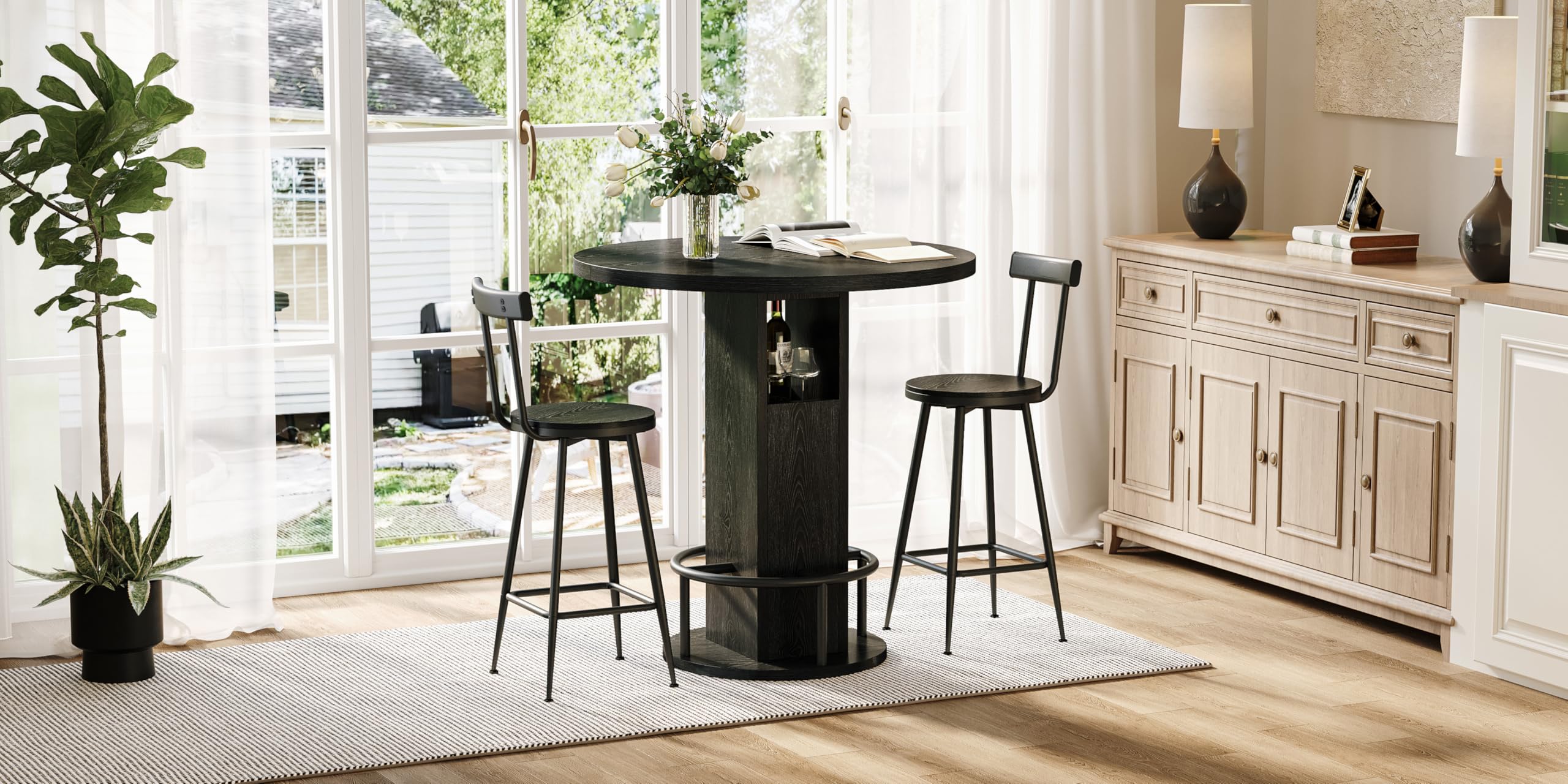 Set Tavolo da Bar con 2 Sgabelli in Legno e Metallo, Cucina e Bar, Nero, 3 Pezzi