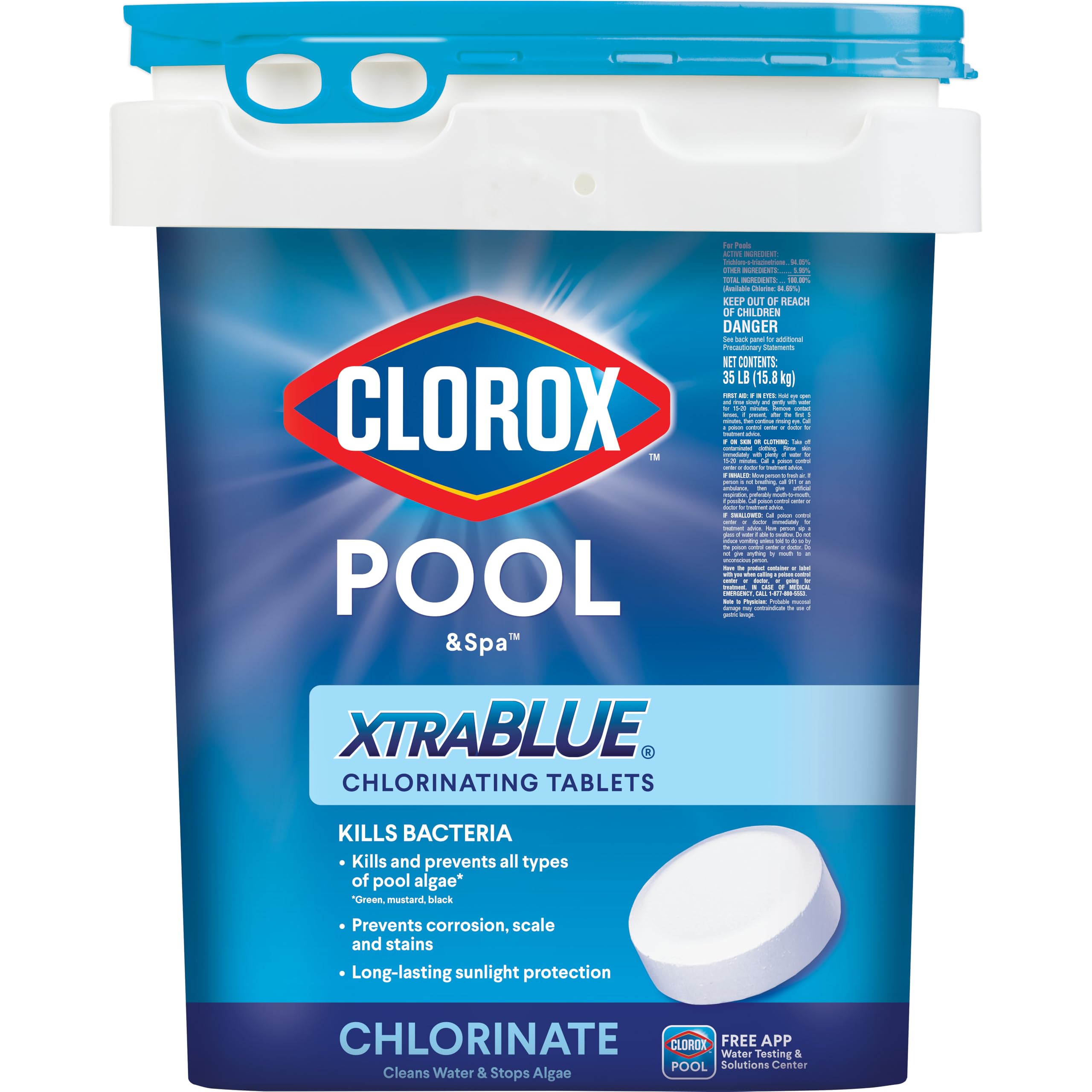 Clorox Pool&Spa XTRABLUE 3” Chlorinating Tablets, Individually Wrapped, Kills Bacteria & Stops Algae (35 LB)
