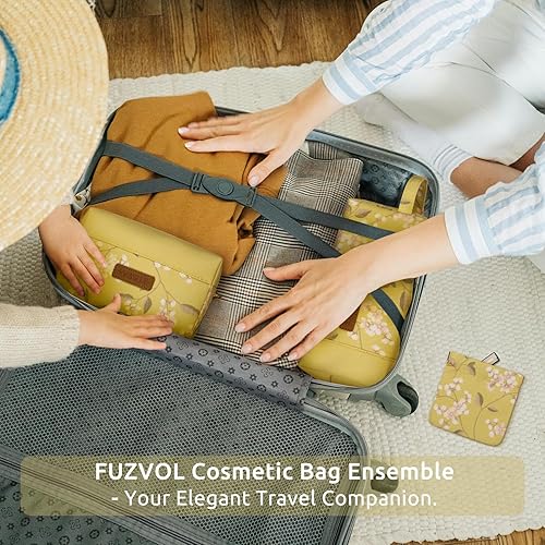 Miniatura 6 de Juego de 3 bolsas de maquillaje de lona, bolsa de maquillaje con estampado vintage estético, bolsa impermeable para cosméticos, 01-Blueflora,