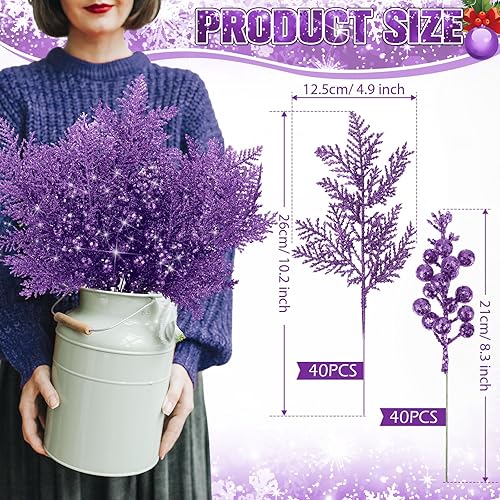 Miniatura 10 de Cindeer 80 tallos de bayas con purpurina de Navidad y agujas de pino artificiales con purpurina navideña, púas de ramitas florales falsas,
