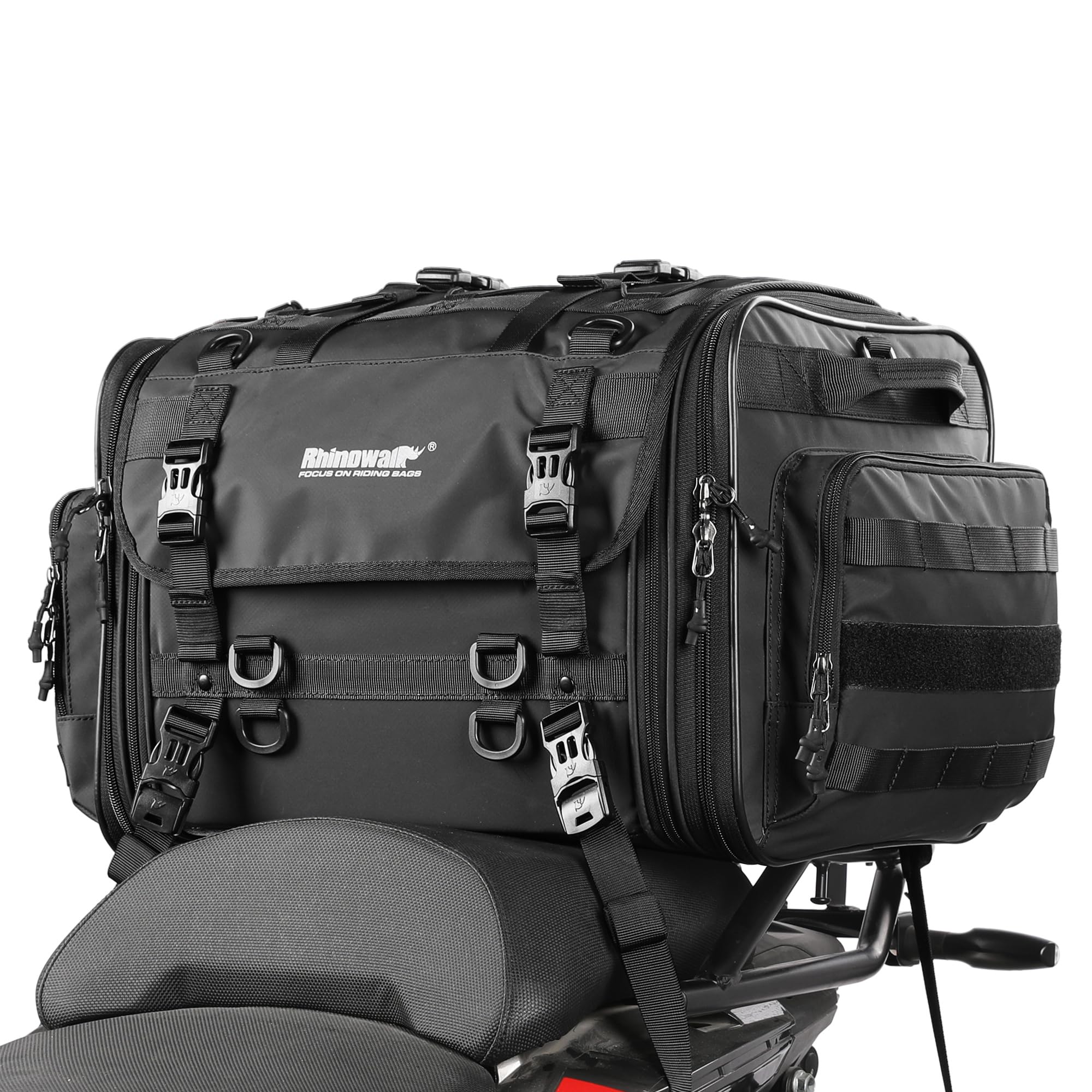 Rhinowalk Alforja trasera para moto, ampliable, impermeable, bolsa de equipaje grande para excursiones en moto, bolsa de viaje resistente para deportes de energía, color negro (40L ~ 60L)