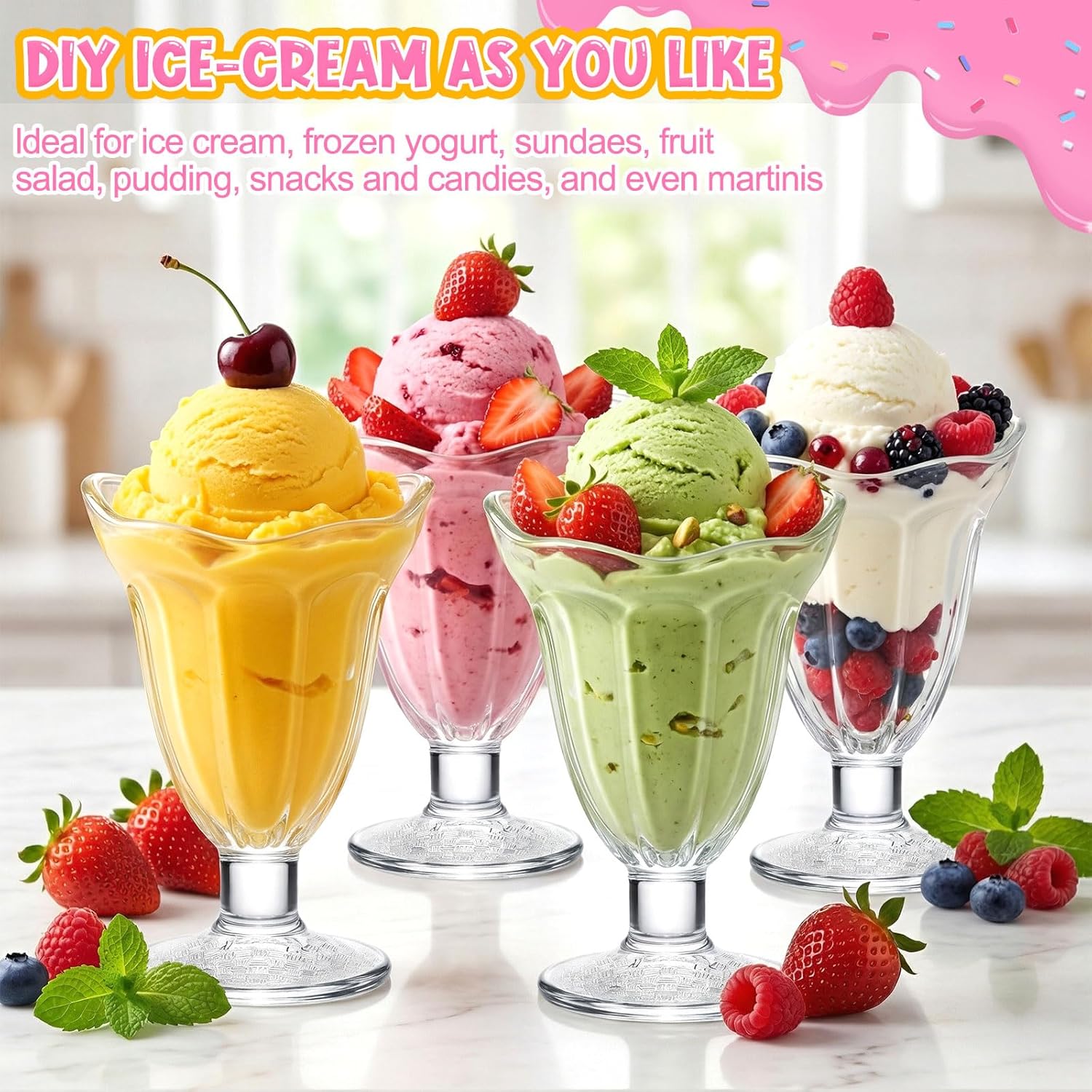 12 Pcs Glass Dessert Cups Set, 6.8 oz Clear Tulip Sundae Cups with Long Handle Spoons, Footed Parfait Trifle Glasses for Valentine's Dessert, Date Night Fruit Cocktail