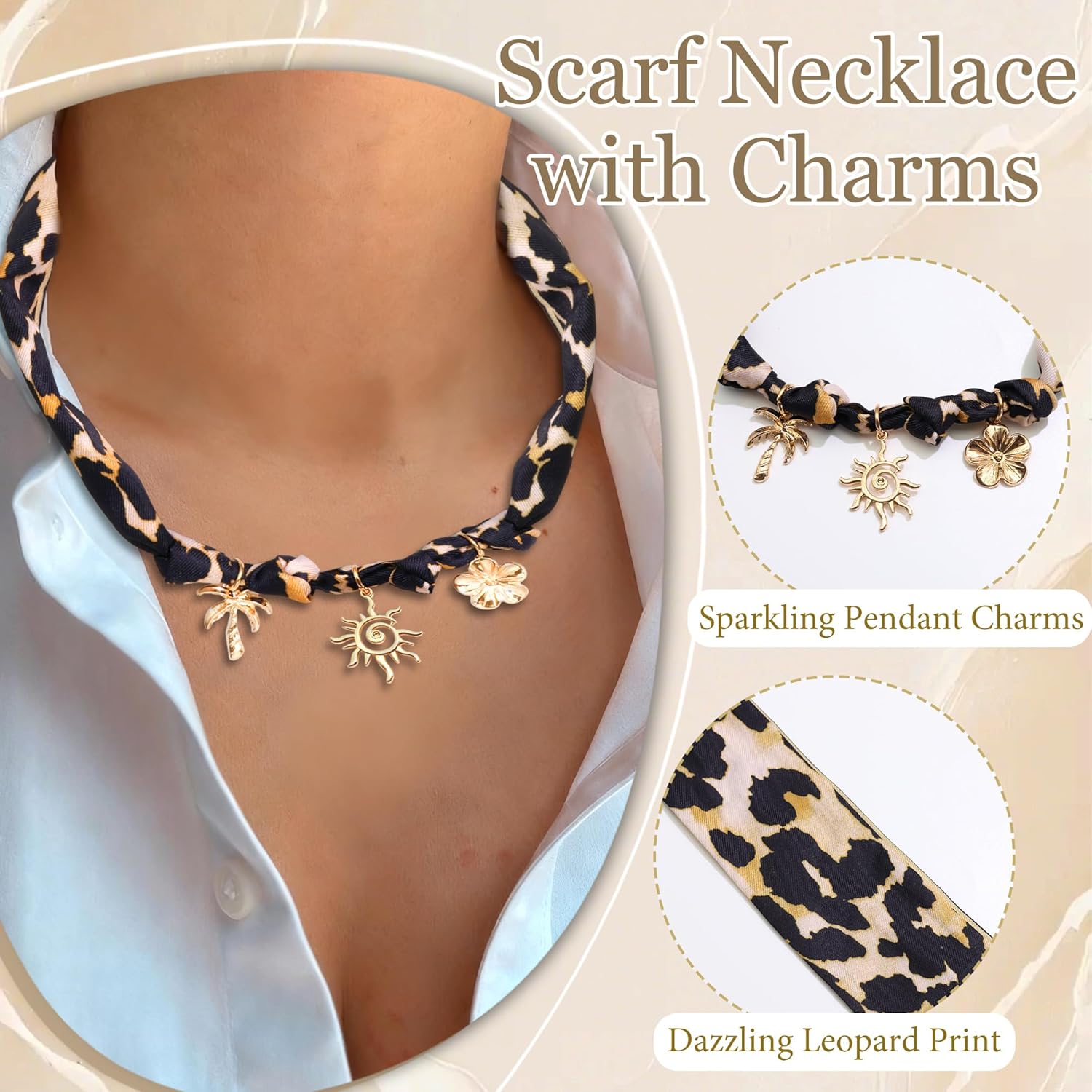 BELICEY Scarf Necklace with Charm Brown Leopard Bandana Charm Necklace Gold Sun Flower Tree Choker Jewelry for Women Adjustable Pendant Fashion Jewelry Gifts - Image 3