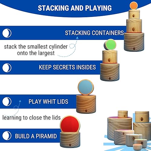 Miniatura 5 de Cilindros apilables de madera con tapas. Juguetes Montessori para niños de 2 años. Juguetes para niños de 1 año. Desarrolla habilidades motoras