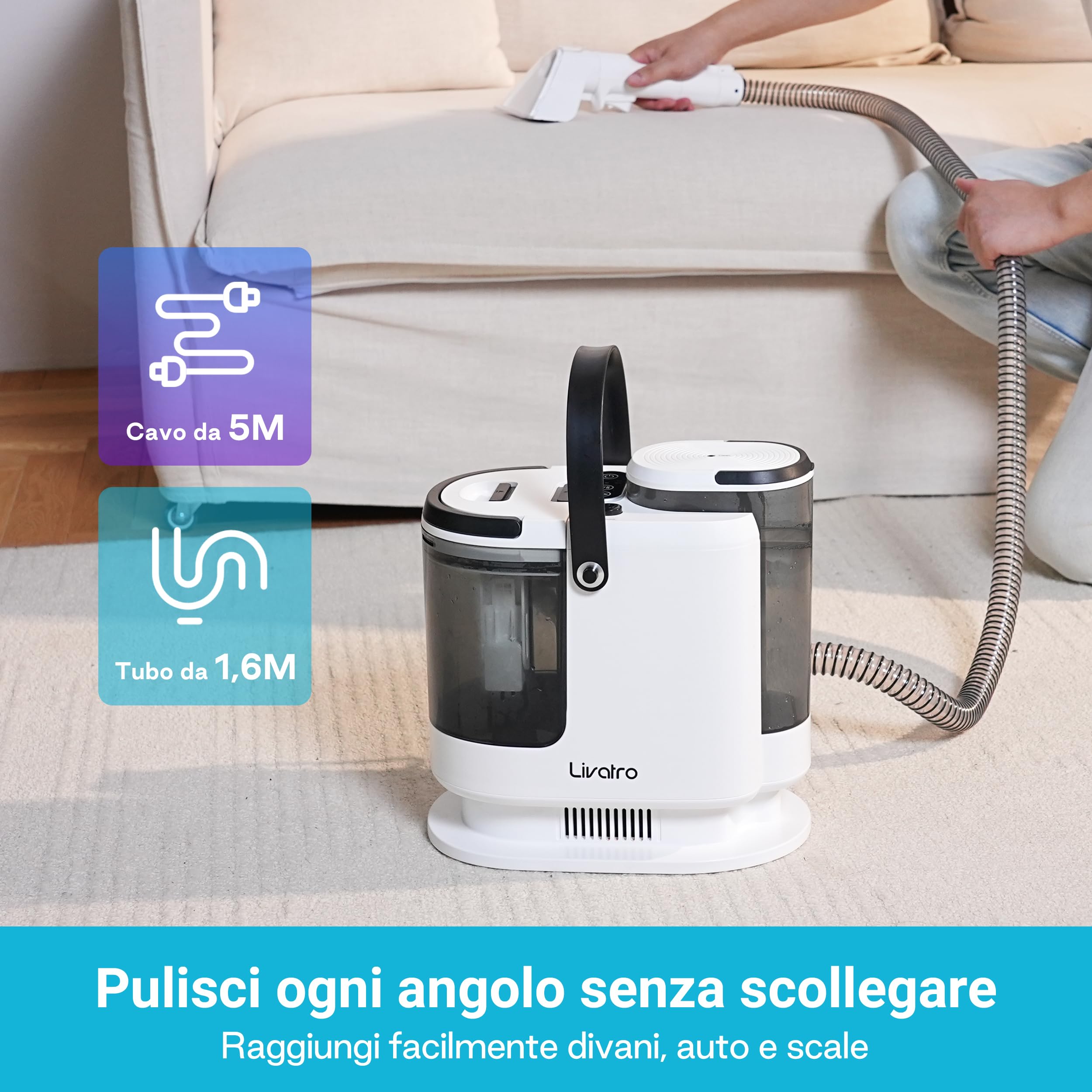 Livatro Lavatappeti e Divani Lava e Asciuga, 1700W Pulitore a Vapore per Divani, 15KPa Lava Tappezzeria, Pulisci Divani a Vapore, Serbatoio da 1,6 L, per Pulito, Mobili Imbottiti, Divani, Auto