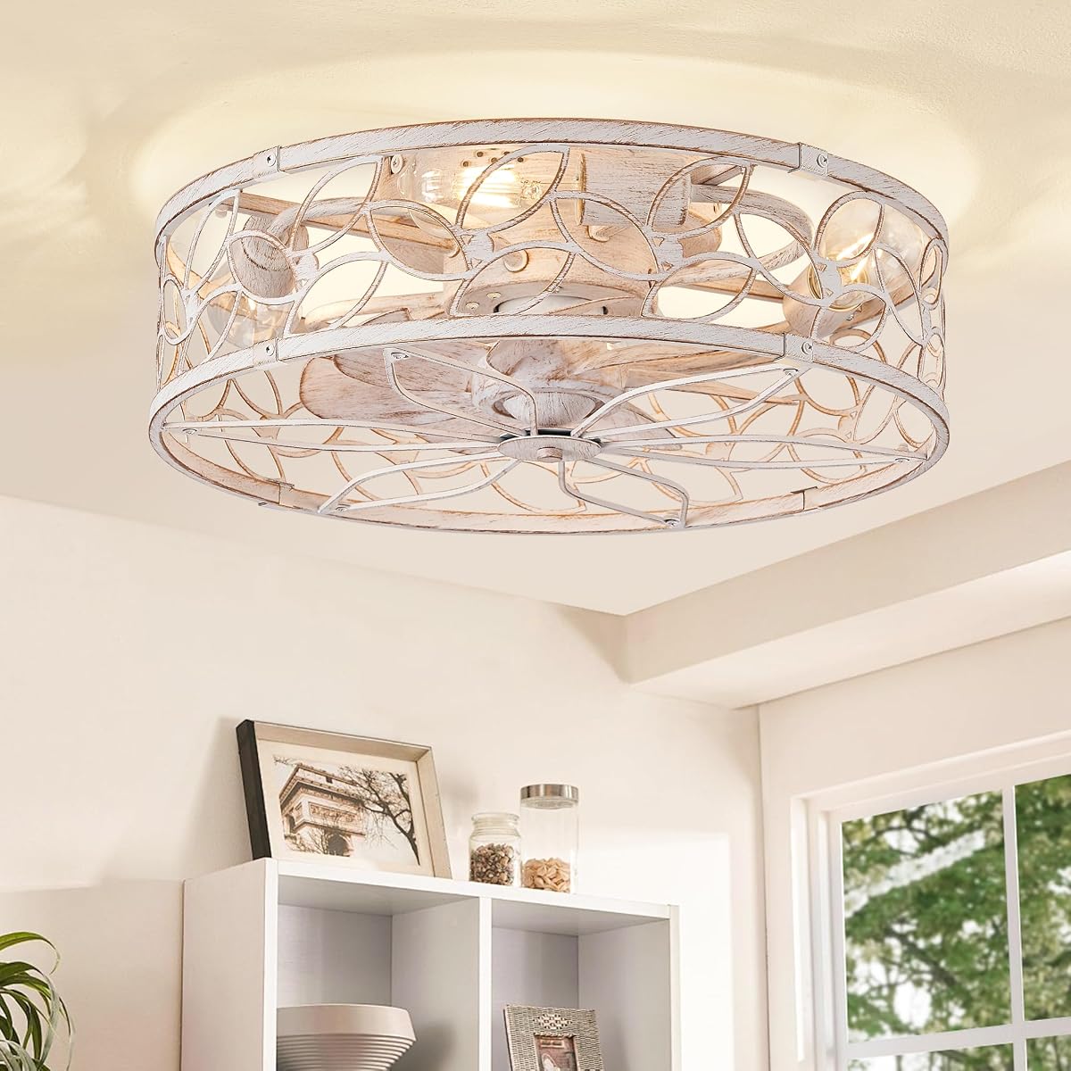 LEDIARY Caged Ceiling Fan with Light, Flush Mount Fandalier with Remote | Low Profile, Farmhouse Small, Bladeless Industrial, Quiet DC Motor, App Control for Bedroom, Kitchen, Dining Room, White Gold