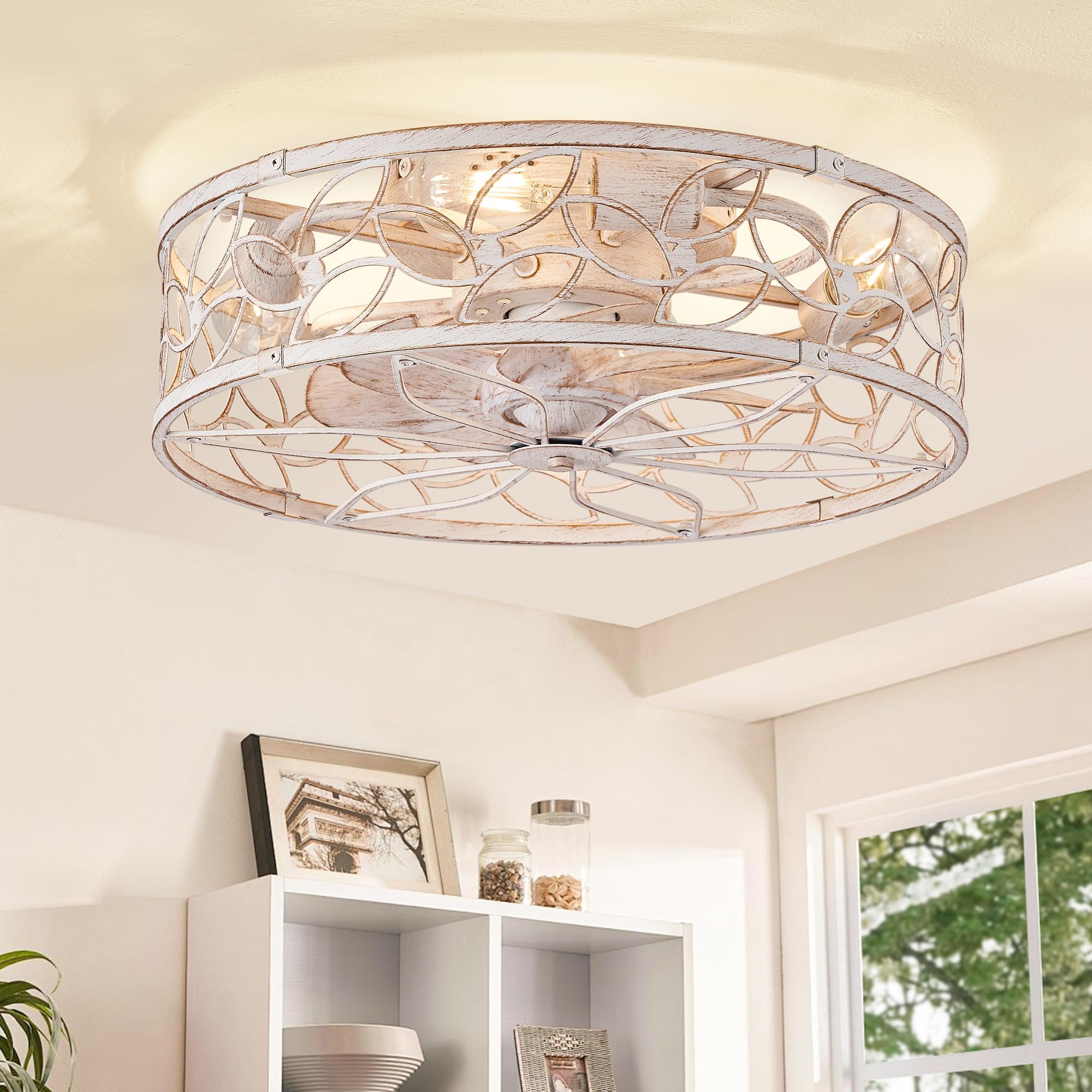 LEDIARY Caged Ceiling Fans with Lights, White Flush Mount Ceiling Fan with Remote&App, Small Low Profile Bladeless Ceiling Fan Light Fixture for Bedroom, Kitchen, Dining Room-White Gold Color