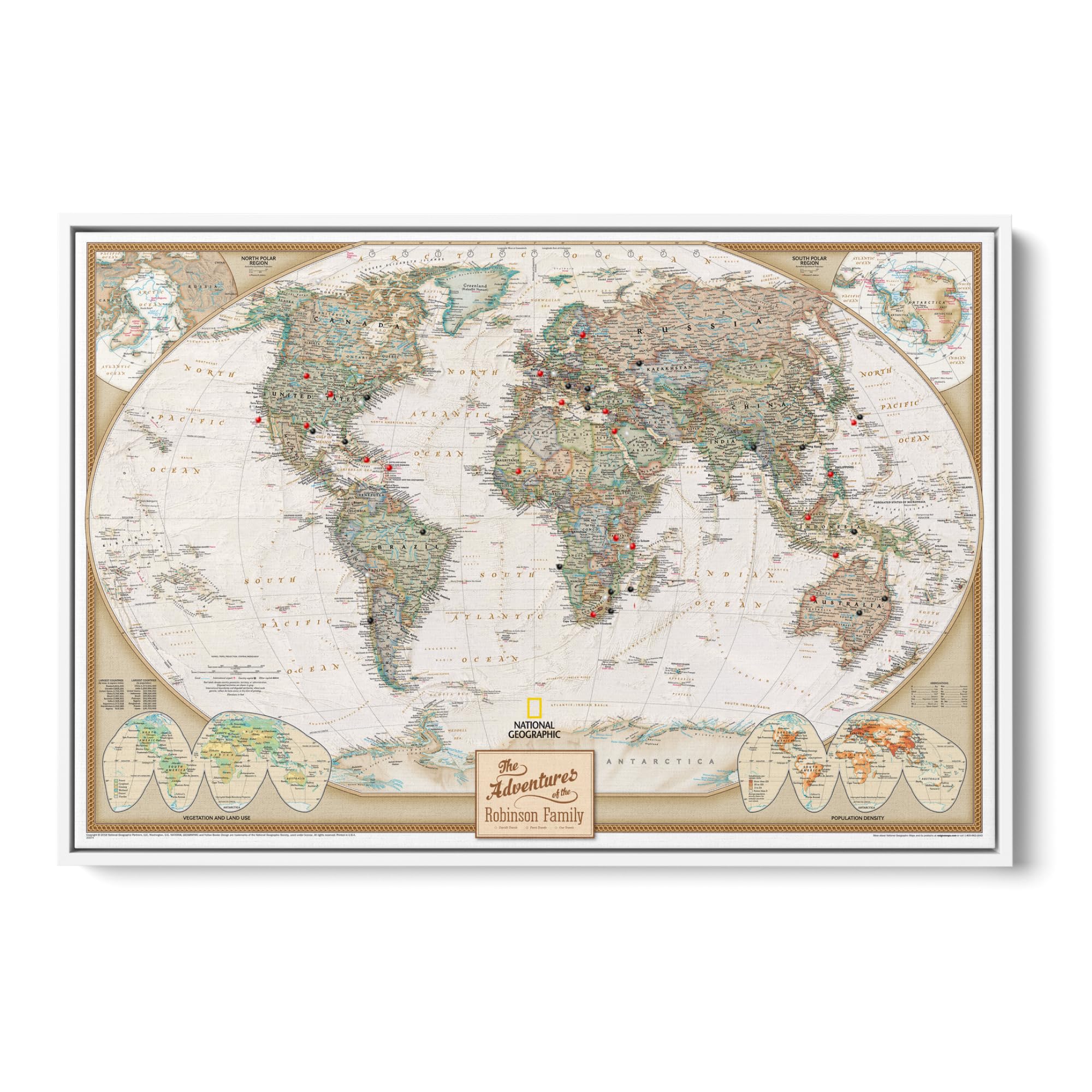 Executive World Push Pin Map – National Geographic Antique Style Canvas Travel Tracker – Framed Wall Decor – White Float Frame – 24" x 36"