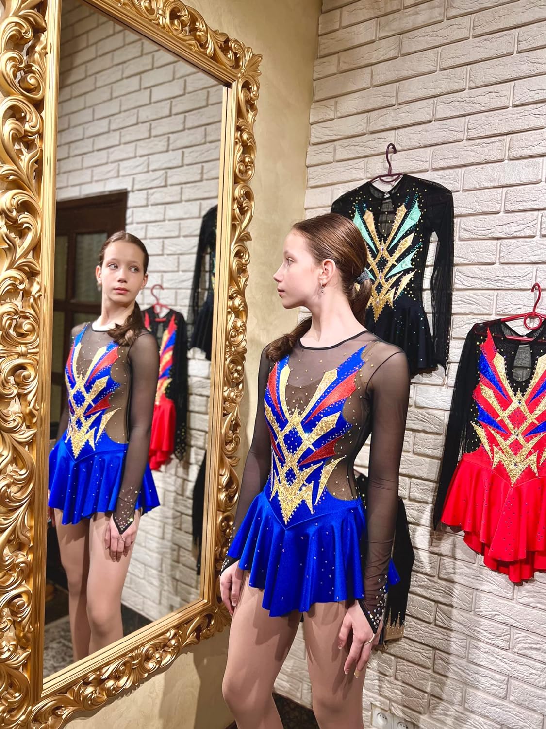 Figure Skating Dress/Bundle with Skate Guards/Italian Fabric, Made in Europe Style: A26 / Blue/Red/Size: Small